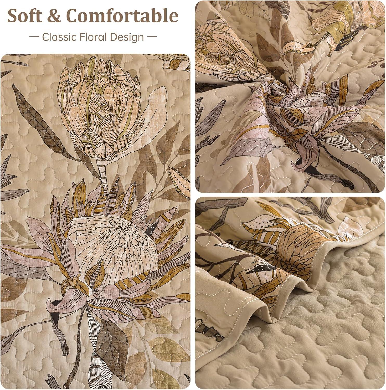 imageDintszyayue Quilt Queen Size Navy 3 Pieces Boho Floral Bedspread Bedding for Queen Size Bed Soft Lightweight Microfiber Coverlet Set for All Season Quilt with 2 PillowcasesBrown