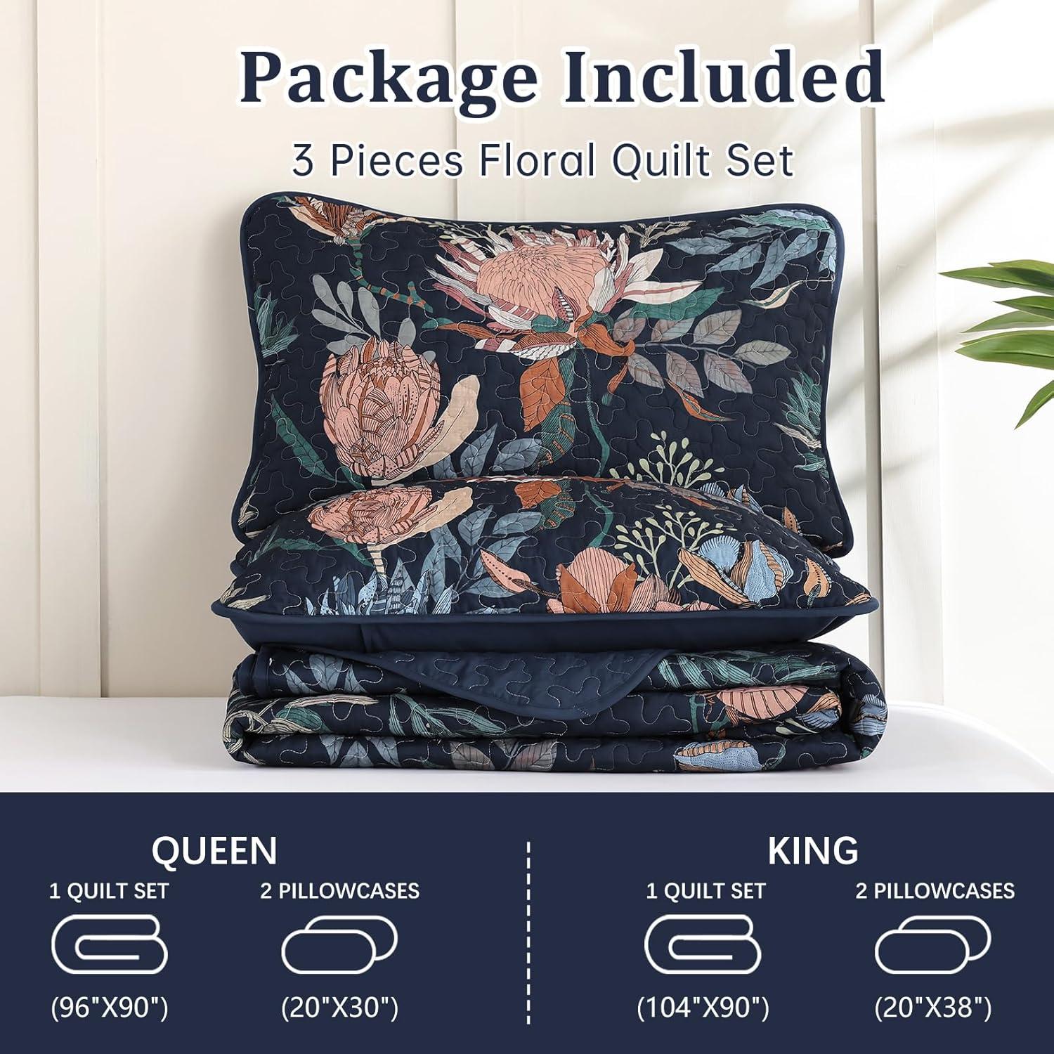 imageDintszyayue Quilt Queen Size Navy 3 Pieces Boho Floral Bedspread Bedding for Queen Size Bed Soft Lightweight Microfiber Coverlet Set for All Season Quilt with 2 PillowcasesNavy