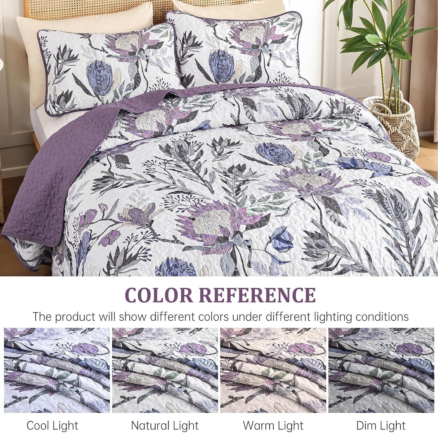 imageDintszyayue Quilt Queen Size Navy 3 Pieces Boho Floral Bedspread Bedding for Queen Size Bed Soft Lightweight Microfiber Coverlet Set for All Season Quilt with 2 PillowcasesPurple