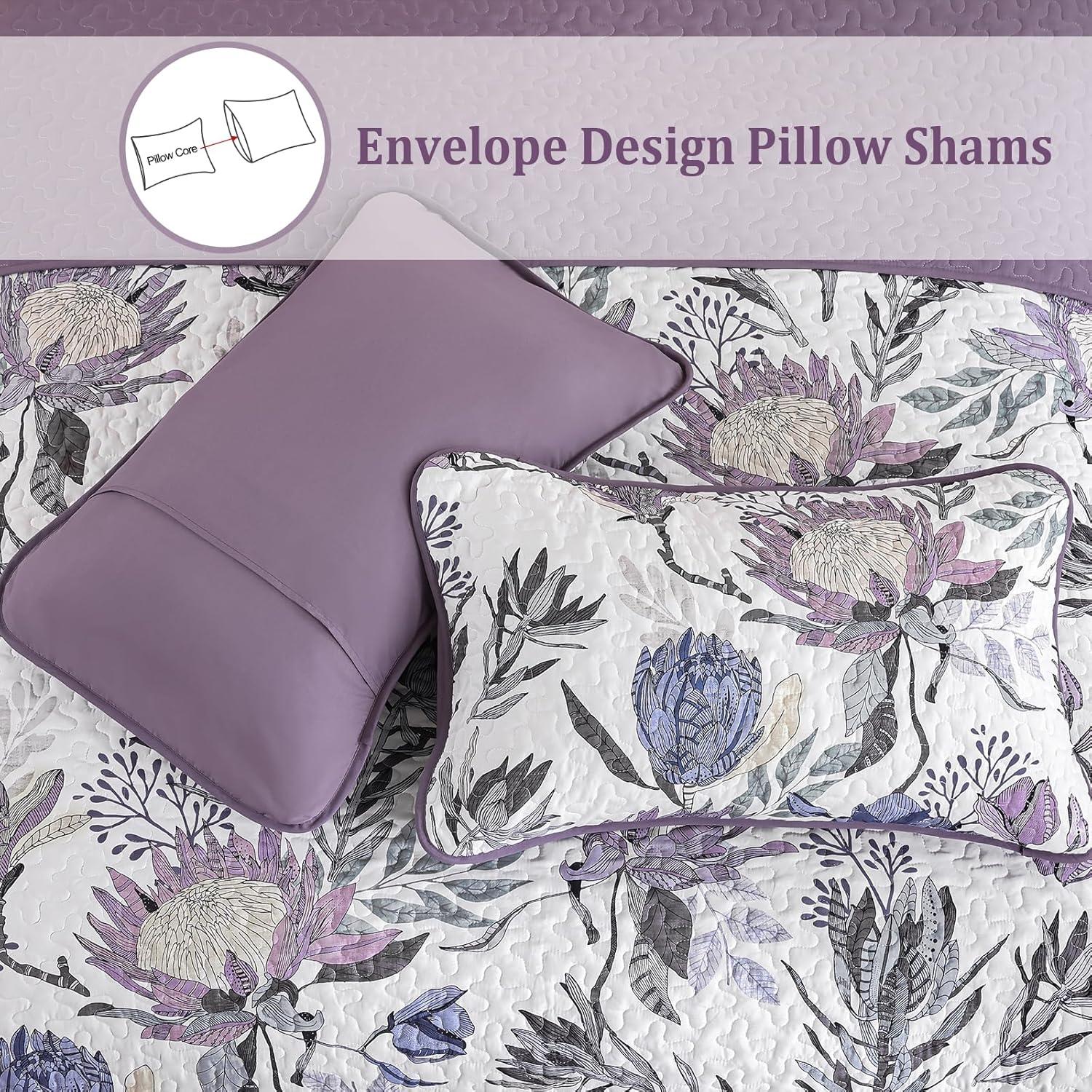 imageDintszyayue Quilt Queen Size Navy 3 Pieces Boho Floral Bedspread Bedding for Queen Size Bed Soft Lightweight Microfiber Coverlet Set for All Season Quilt with 2 PillowcasesPurple