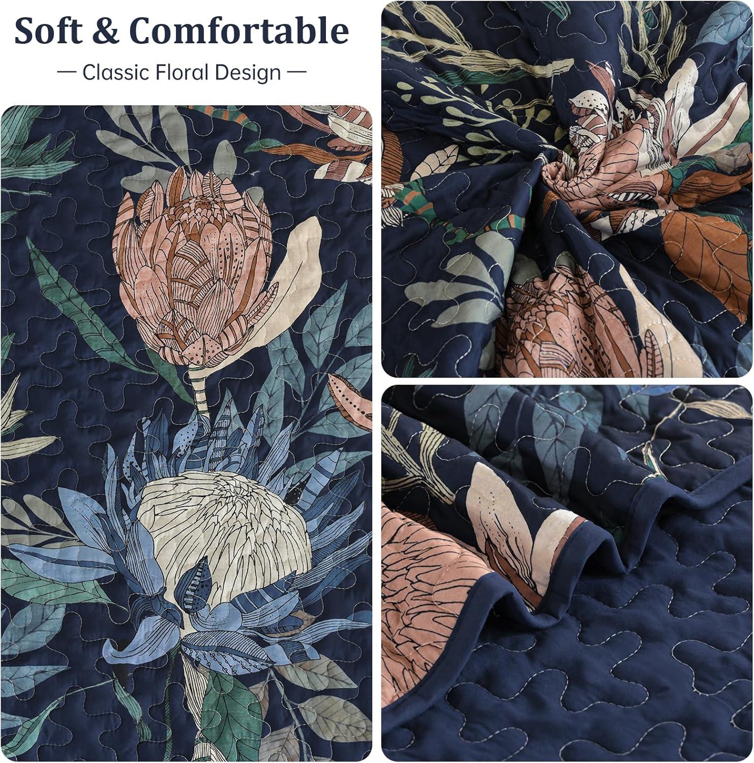 imageDintszyayue Quilt Queen Size Navy 3 Pieces Boho Floral Bedspread Bedding for Queen Size Bed Soft Lightweight Microfiber Coverlet Set for All Season Quilt with 2 PillowcasesNavy