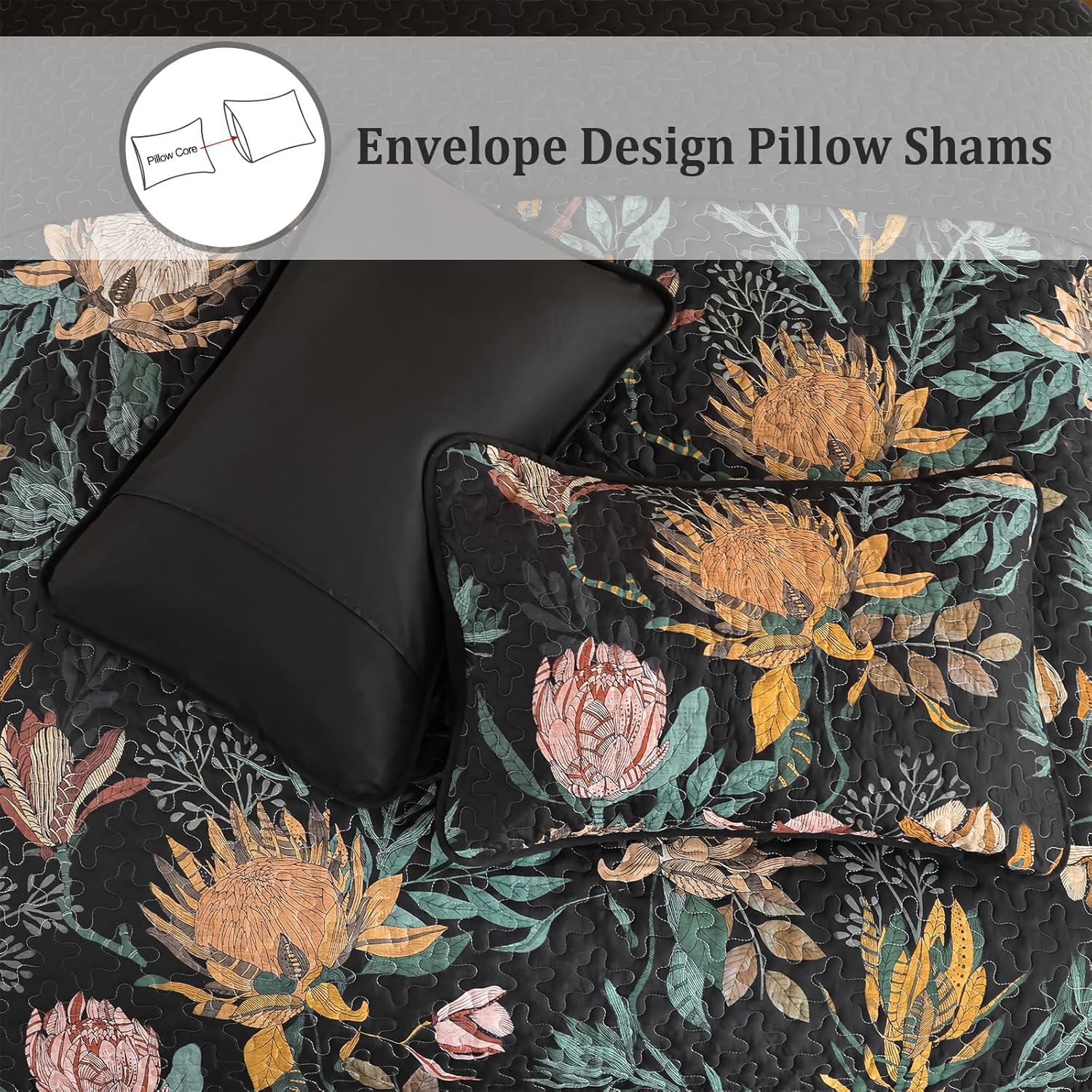 imageDintszyayue Quilt Queen Size Navy 3 Pieces Boho Floral Bedspread Bedding for Queen Size Bed Soft Lightweight Microfiber Coverlet Set for All Season Quilt with 2 PillowcasesBlack