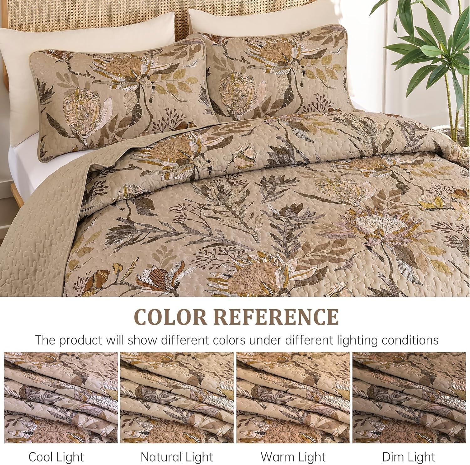 imageDintszyayue Quilt Queen Size Navy 3 Pieces Boho Floral Bedspread Bedding for Queen Size Bed Soft Lightweight Microfiber Coverlet Set for All Season Quilt with 2 PillowcasesBrown