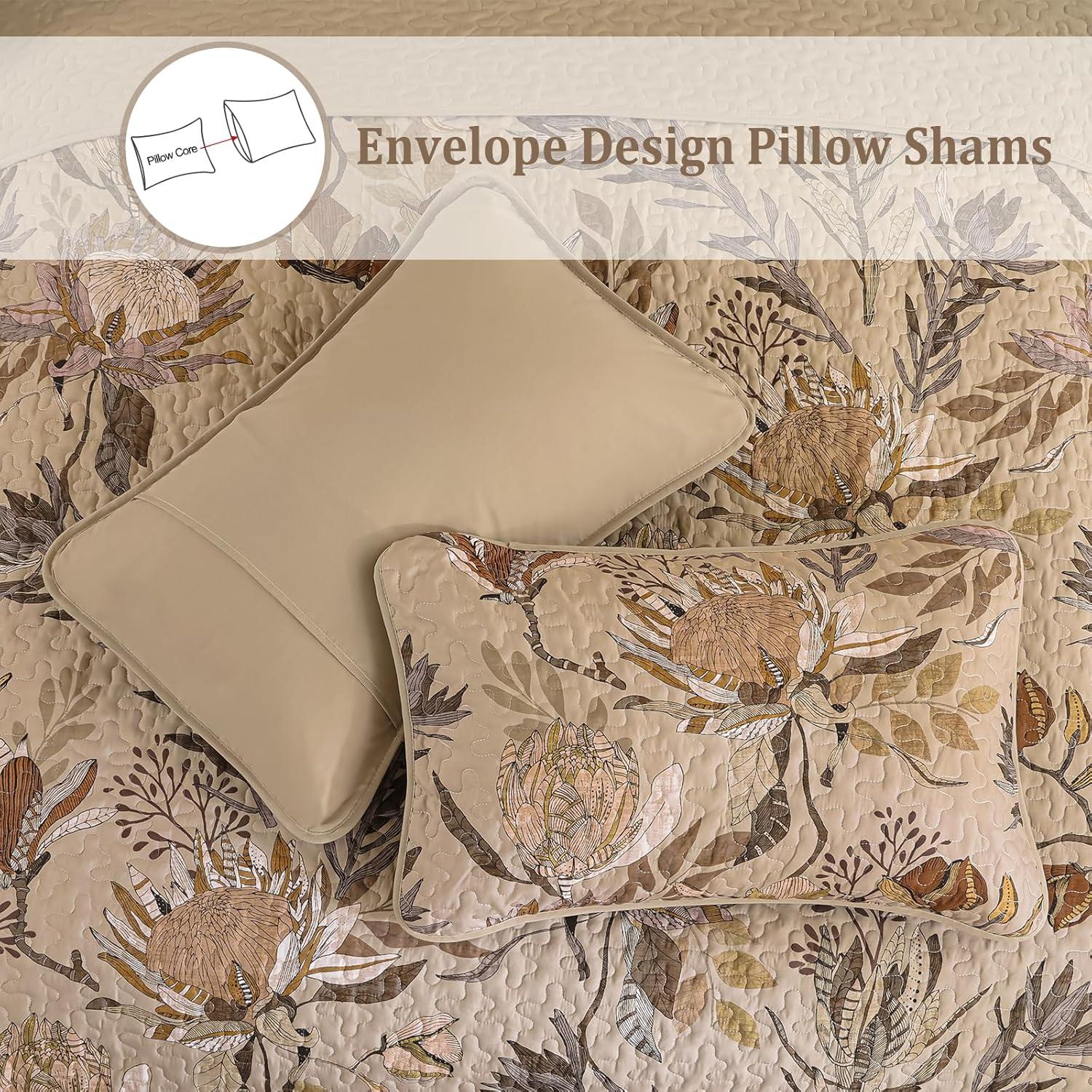 imageDintszyayue Quilt Queen Size Navy 3 Pieces Boho Floral Bedspread Bedding for Queen Size Bed Soft Lightweight Microfiber Coverlet Set for All Season Quilt with 2 PillowcasesBrown