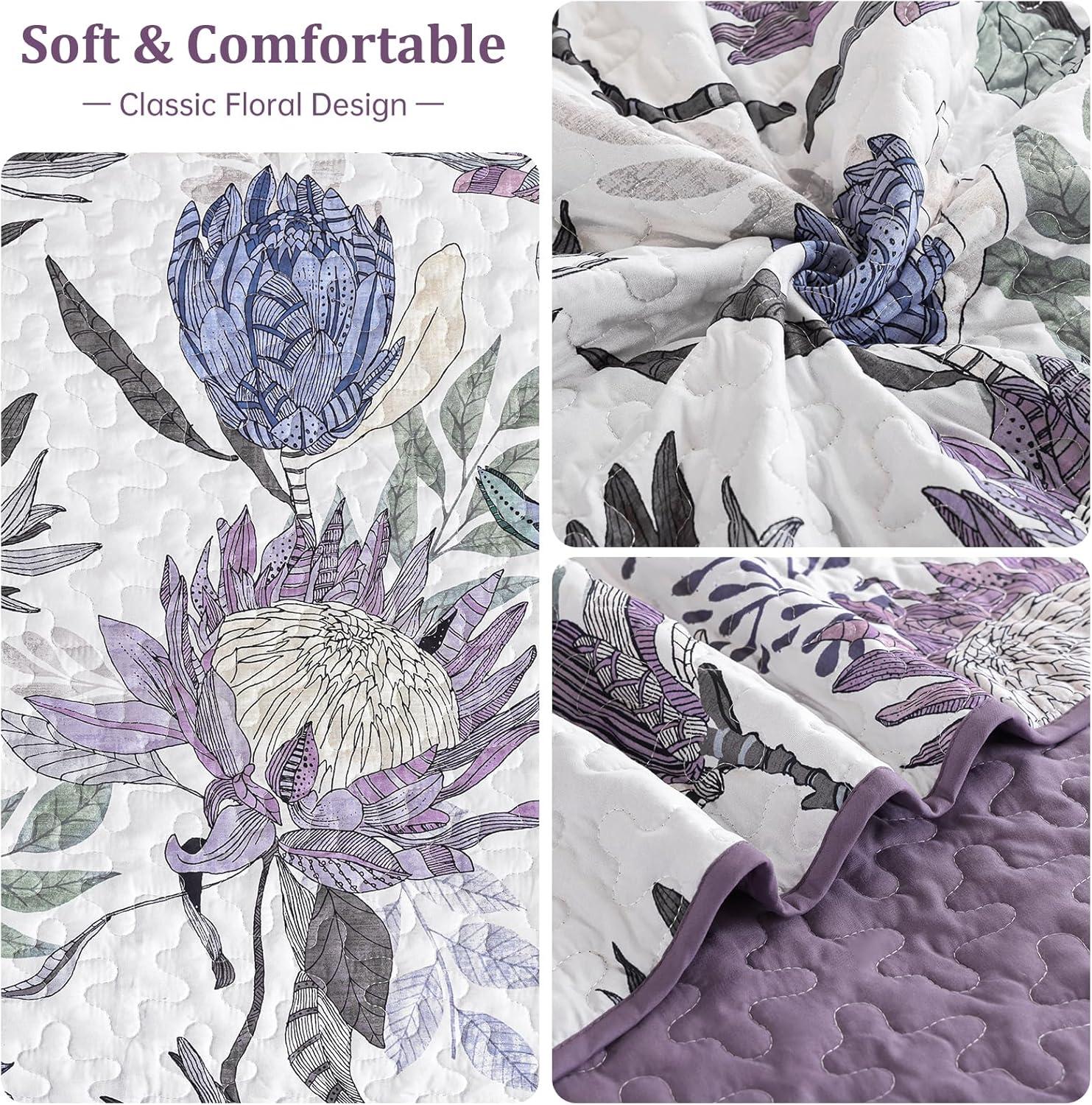 imageDintszyayue Quilt Queen Size Navy 3 Pieces Boho Floral Bedspread Bedding for Queen Size Bed Soft Lightweight Microfiber Coverlet Set for All Season Quilt with 2 PillowcasesPurple