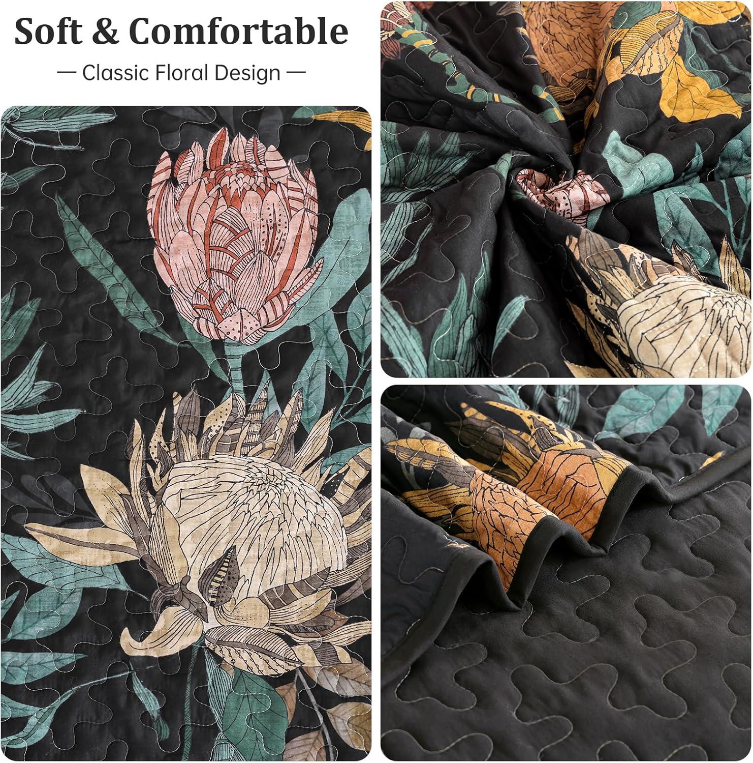 imageDintszyayue Quilt Queen Size Navy 3 Pieces Boho Floral Bedspread Bedding for Queen Size Bed Soft Lightweight Microfiber Coverlet Set for All Season Quilt with 2 PillowcasesBlack