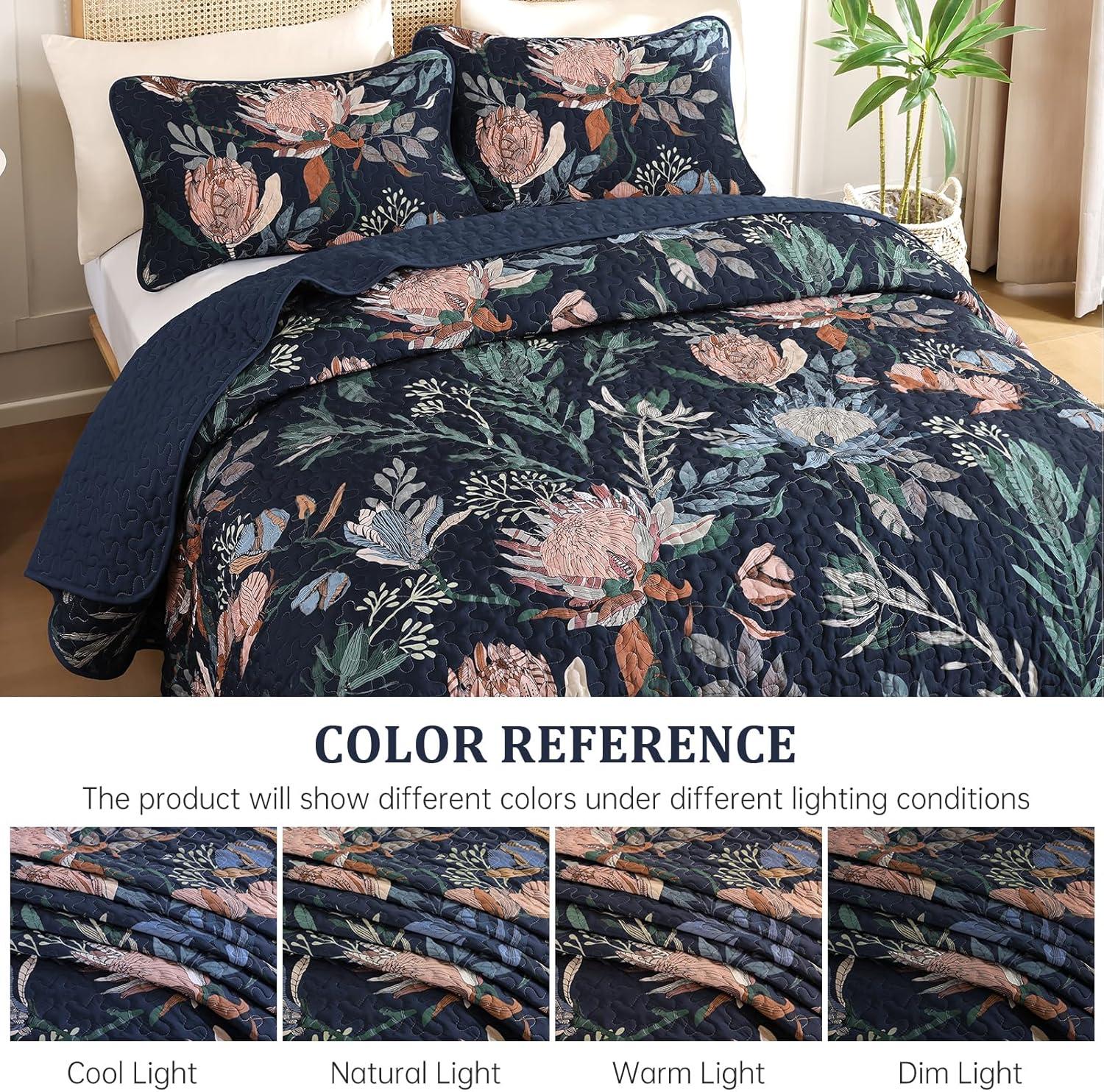 imageDintszyayue Quilt Queen Size Navy 3 Pieces Boho Floral Bedspread Bedding for Queen Size Bed Soft Lightweight Microfiber Coverlet Set for All Season Quilt with 2 PillowcasesNavy