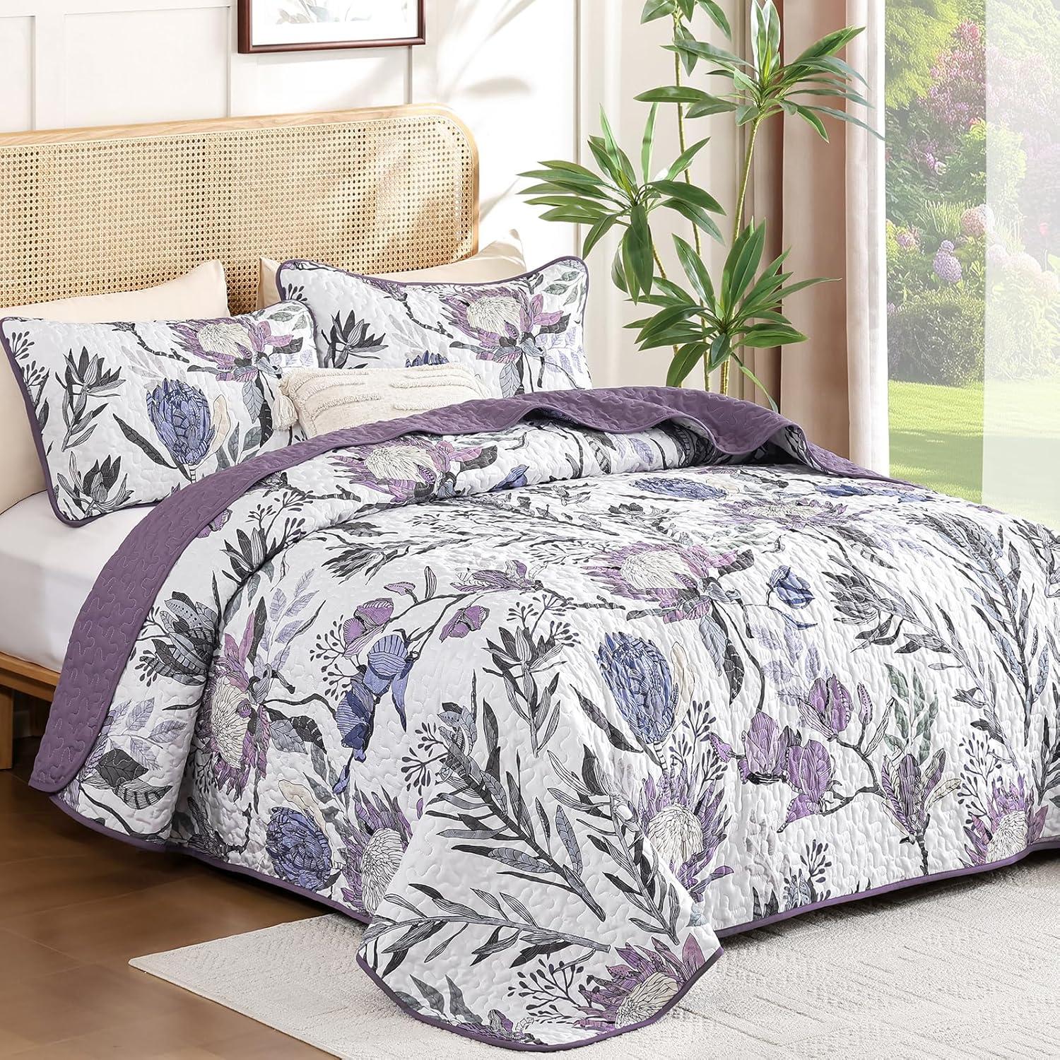 imageDintszyayue Quilt Queen Size Navy 3 Pieces Boho Floral Bedspread Bedding for Queen Size Bed Soft Lightweight Microfiber Coverlet Set for All Season Quilt with 2 PillowcasesPurple