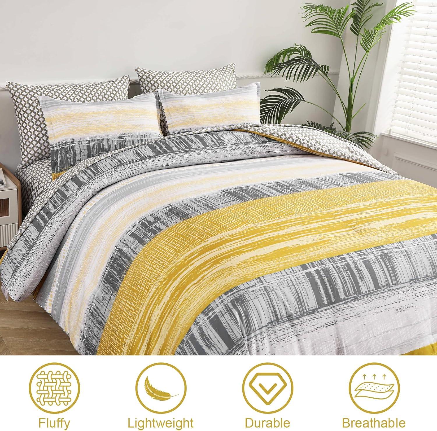 imageDintszyayue Yellow 7 Piece Stripe Patchwork Comforter Set KingMustard Yellow Bed in a Bag Bedding Set with SheetsPillowcases ampamp Shams Reversible Soft Microfiber Boho Comforter for All Season