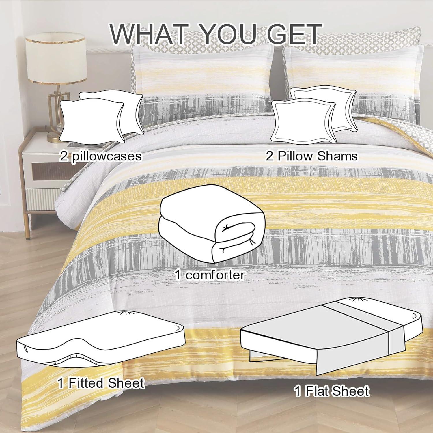 imageDintszyayue Yellow 7 Piece Stripe Patchwork Comforter Set KingMustard Yellow Bed in a Bag Bedding Set with SheetsPillowcases ampamp Shams Reversible Soft Microfiber Boho Comforter for All Season