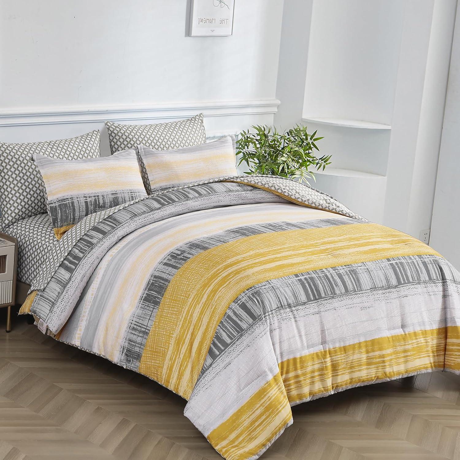 imageDintszyayue Yellow 7 Piece Stripe Patchwork Comforter Set KingMustard Yellow Bed in a Bag Bedding Set with SheetsPillowcases ampamp Shams Reversible Soft Microfiber Boho Comforter for All Season
