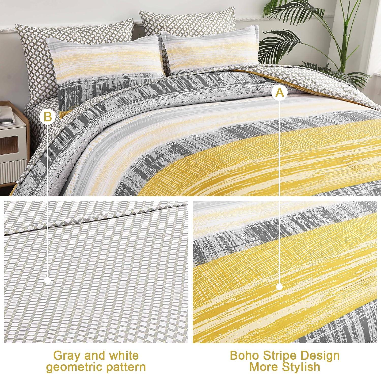 imageDintszyayue Yellow 7 Piece Stripe Patchwork Comforter Set KingMustard Yellow Bed in a Bag Bedding Set with SheetsPillowcases ampamp Shams Reversible Soft Microfiber Boho Comforter for All Season