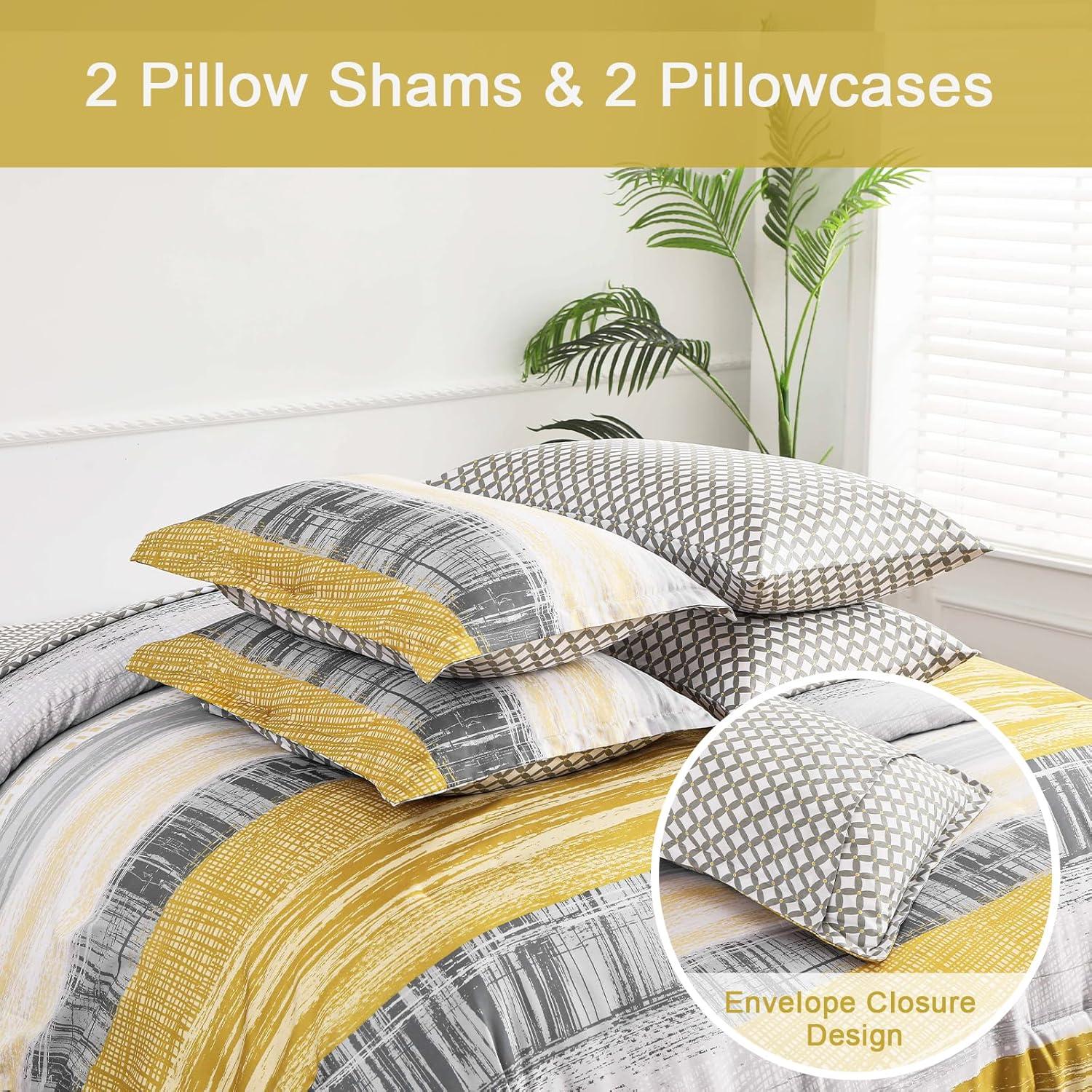 imageDintszyayue Yellow 7 Piece Stripe Patchwork Comforter Set KingMustard Yellow Bed in a Bag Bedding Set with SheetsPillowcases ampamp Shams Reversible Soft Microfiber Boho Comforter for All Season