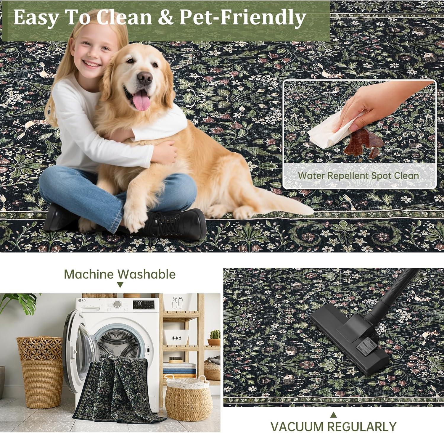 imageGreen Rugs for Living Room 5x7 Floral Washable Stain Resistant Non Slip Low Pile Carpet for Bedroom Dining Room02dark Green