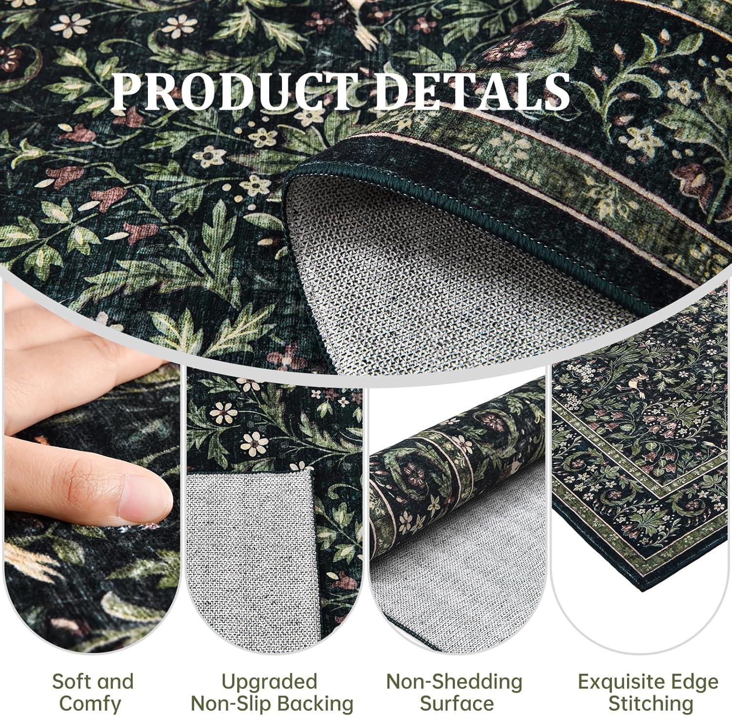 imageGreen Rugs for Living Room 5x7 Floral Washable Stain Resistant Non Slip Low Pile Carpet for Bedroom Dining Room02dark Green