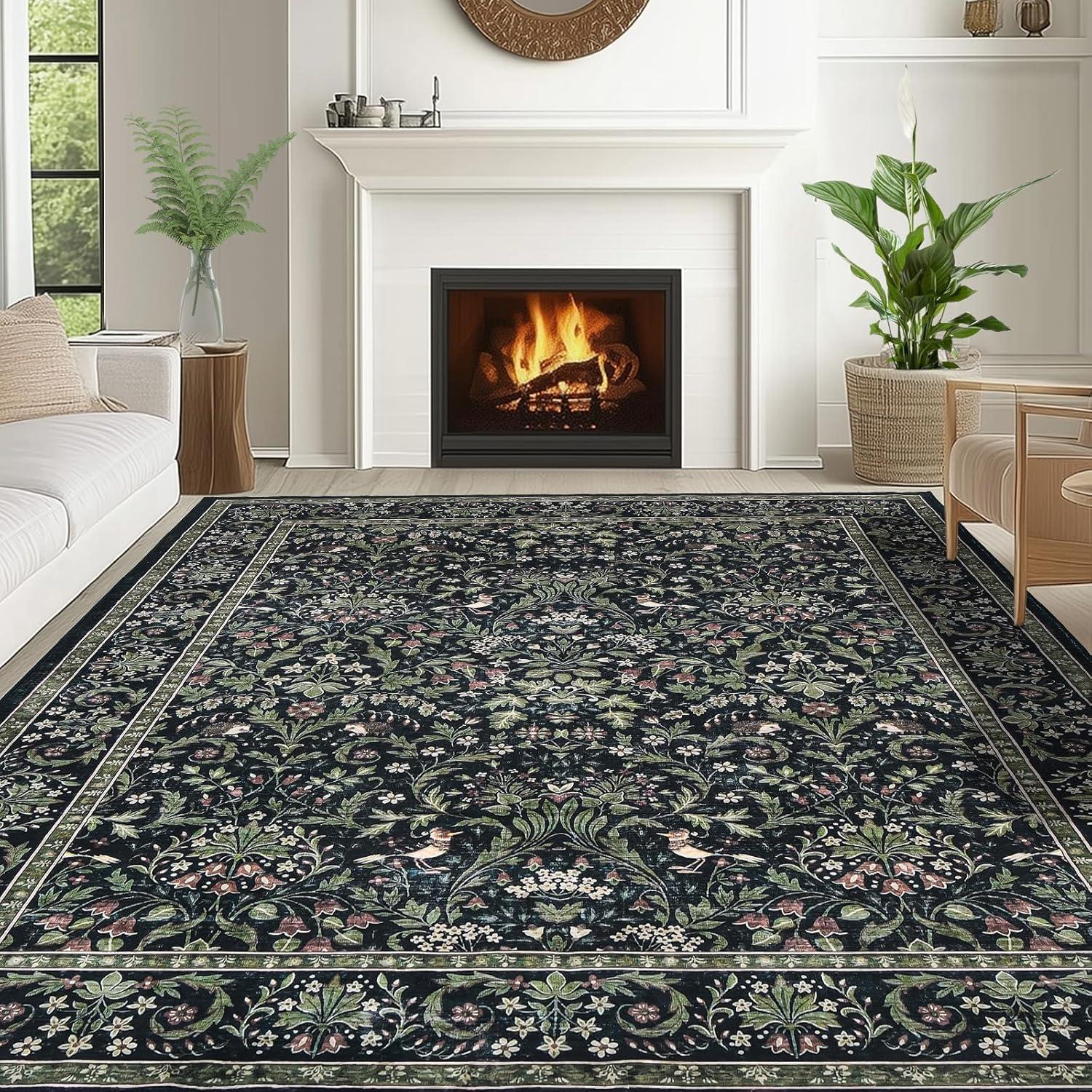 imageGreen Rugs for Living Room 5x7 Floral Washable Stain Resistant Non Slip Low Pile Carpet for Bedroom Dining Room02dark Green