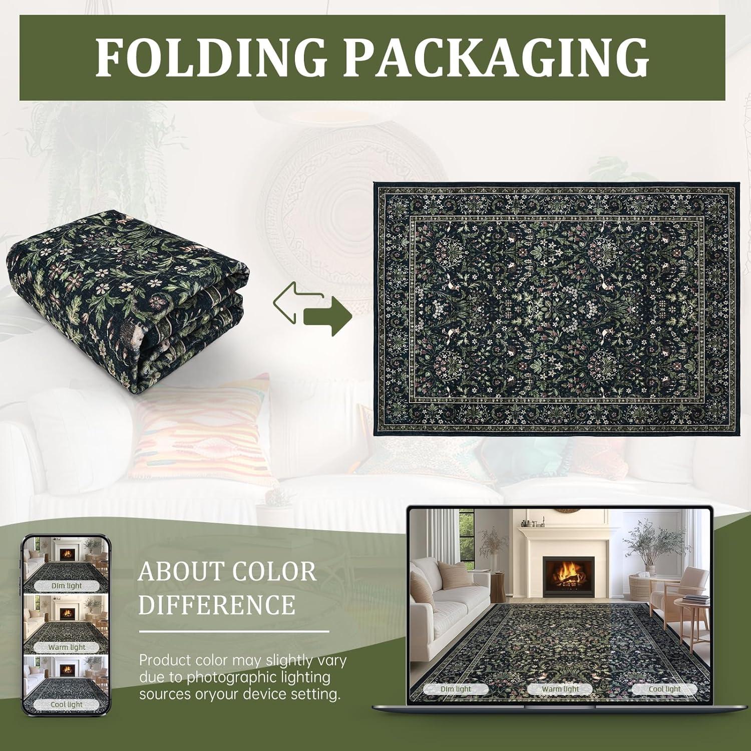 imageGreen Rugs for Living Room 5x7 Floral Washable Stain Resistant Non Slip Low Pile Carpet for Bedroom Dining Room02dark Green