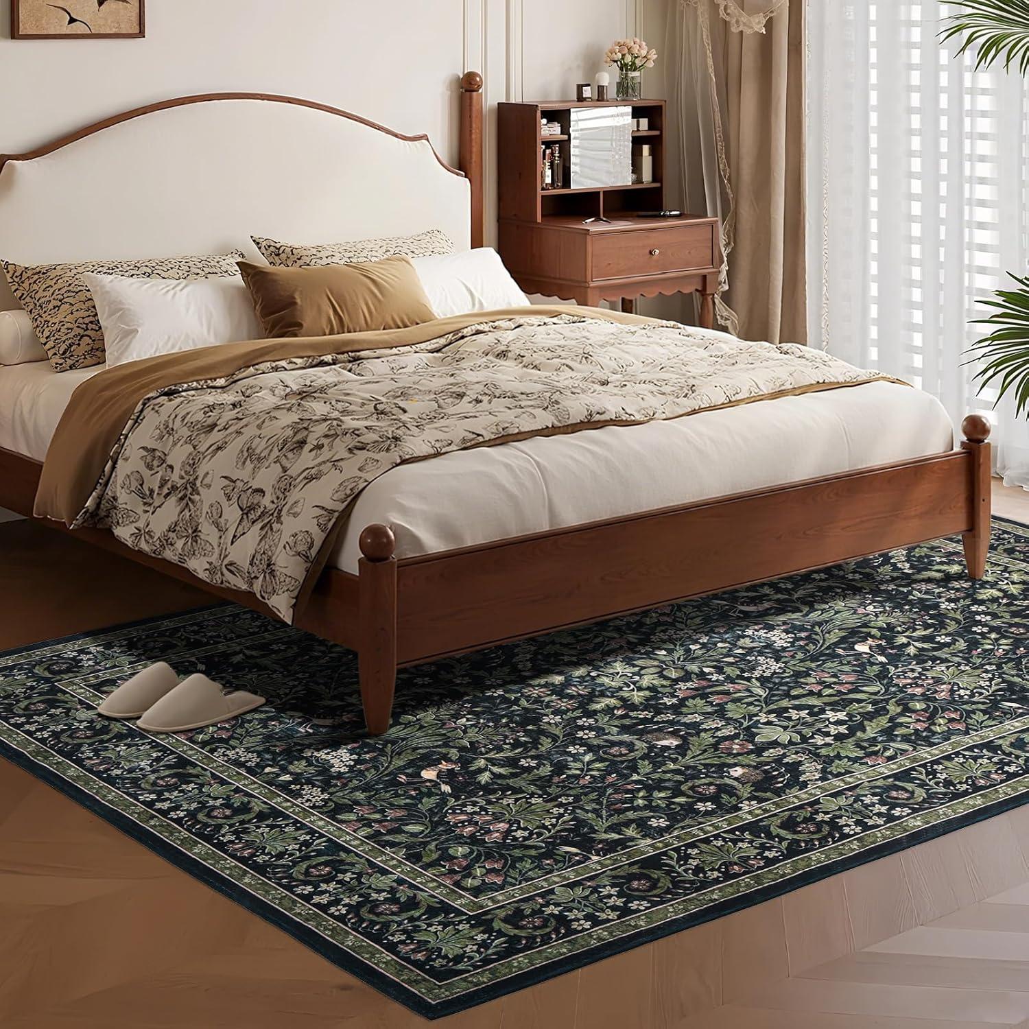 imageGreen Rugs for Living Room 5x7 Floral Washable Stain Resistant Non Slip Low Pile Carpet for Bedroom Dining Room02dark Green