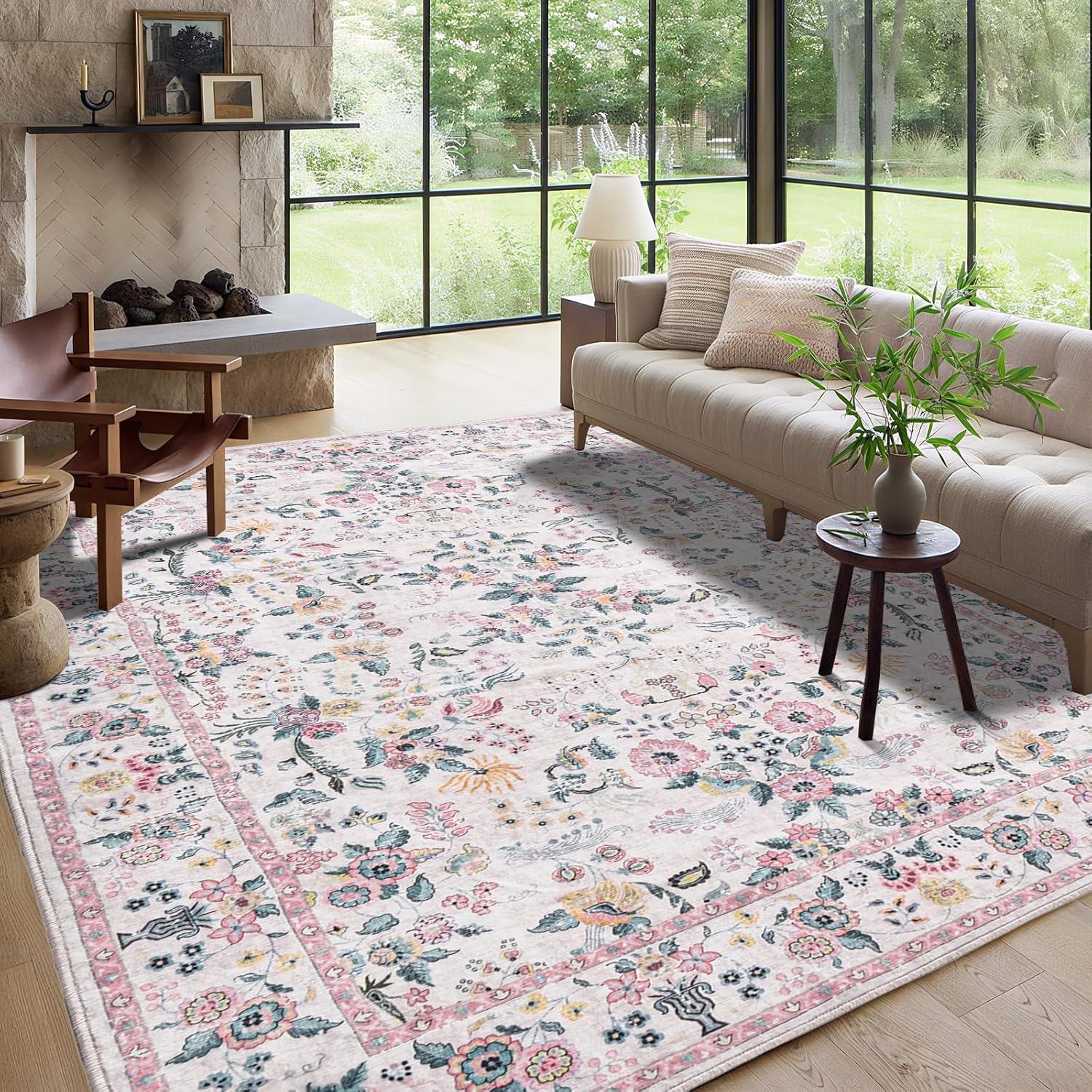 imageGreen Rugs for Living Room 5x7 Floral Washable Stain Resistant Non Slip Low Pile Carpet for Bedroom Dining Room03pink