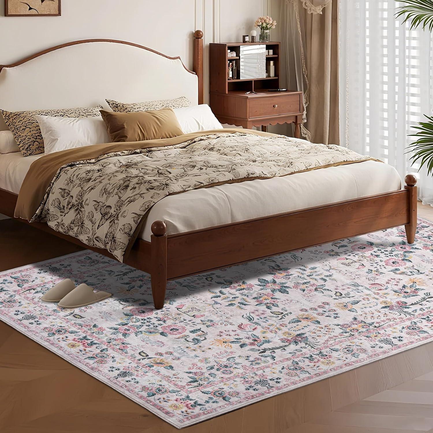 imageGreen Rugs for Living Room 5x7 Floral Washable Stain Resistant Non Slip Low Pile Carpet for Bedroom Dining Room03pink