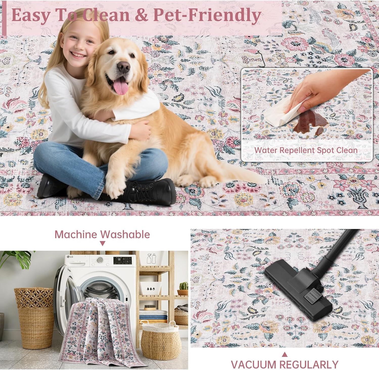 imageGreen Rugs for Living Room 5x7 Floral Washable Stain Resistant Non Slip Low Pile Carpet for Bedroom Dining Room03pink