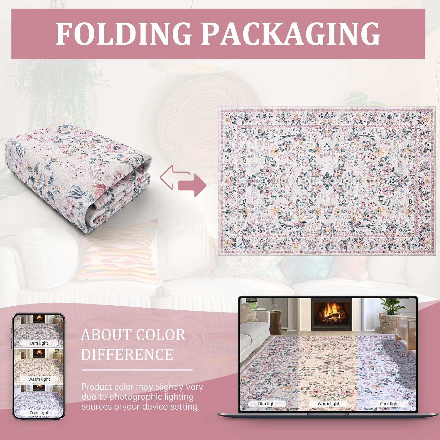 imageGreen Rugs for Living Room 5x7 Floral Washable Stain Resistant Non Slip Low Pile Carpet for Bedroom Dining Room03pink