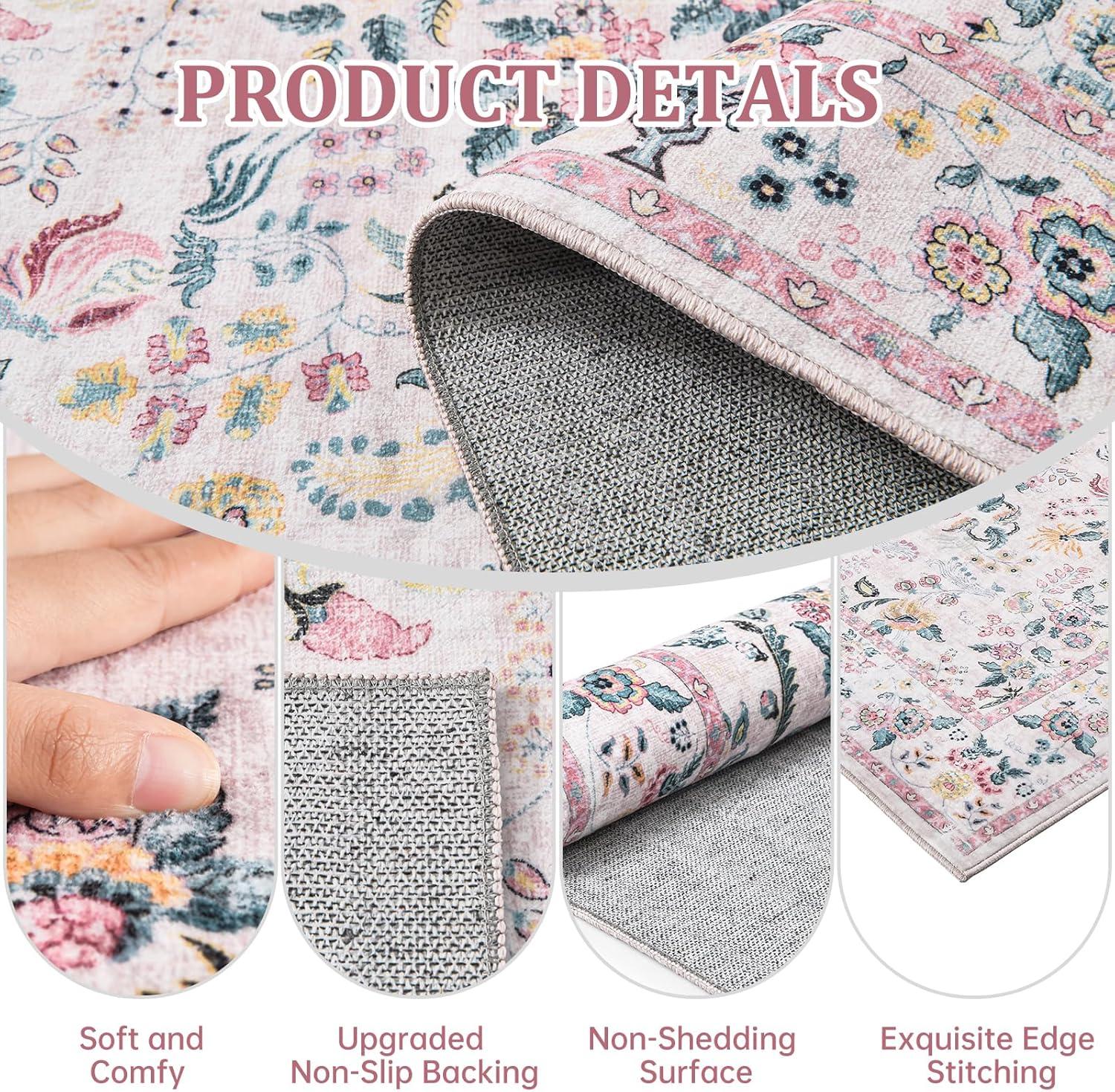 imageGreen Rugs for Living Room 5x7 Floral Washable Stain Resistant Non Slip Low Pile Carpet for Bedroom Dining Room03pink