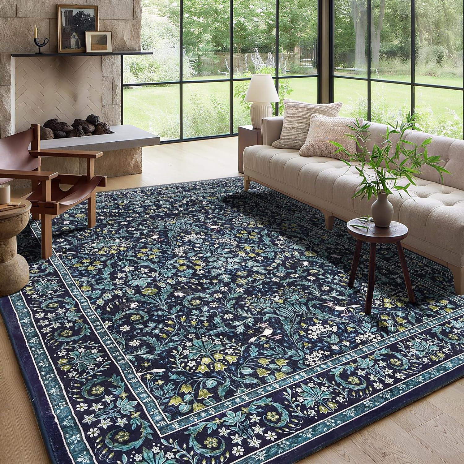 imageGreen Rugs for Living Room 5x7 Floral Washable Stain Resistant Non Slip Low Pile Carpet for Bedroom Dining Room04blue