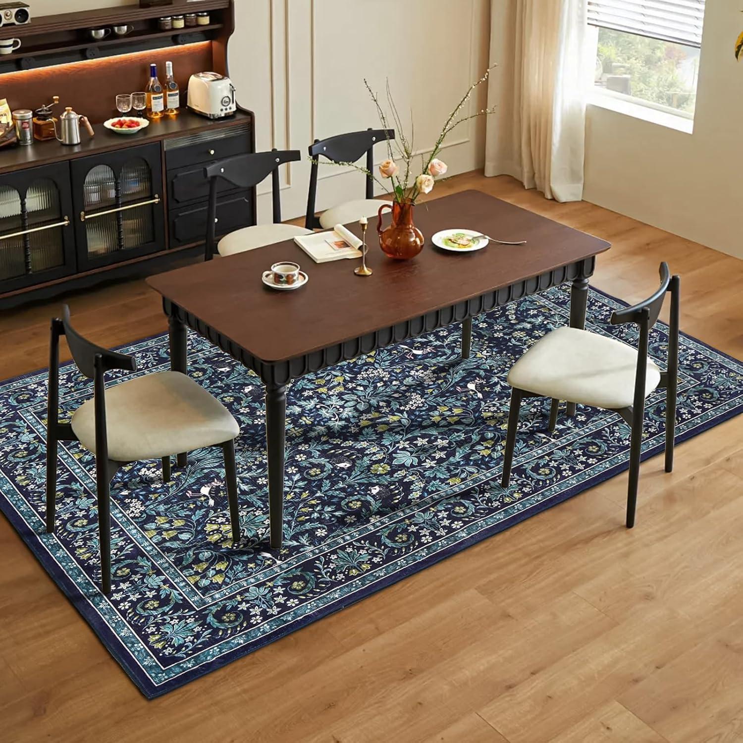 imageGreen Rugs for Living Room 5x7 Floral Washable Stain Resistant Non Slip Low Pile Carpet for Bedroom Dining Room04blue