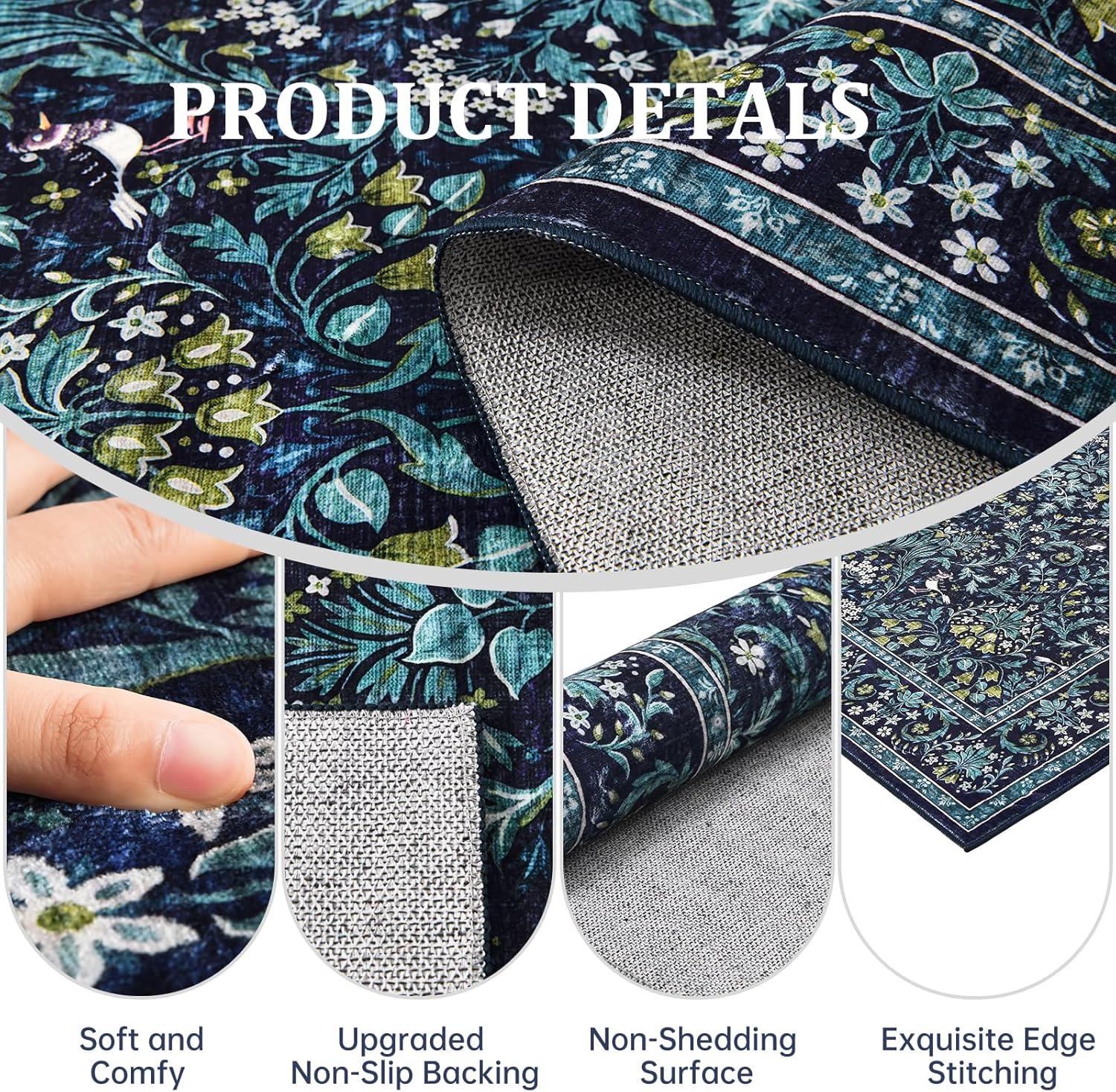 imageGreen Rugs for Living Room 5x7 Floral Washable Stain Resistant Non Slip Low Pile Carpet for Bedroom Dining Room04blue