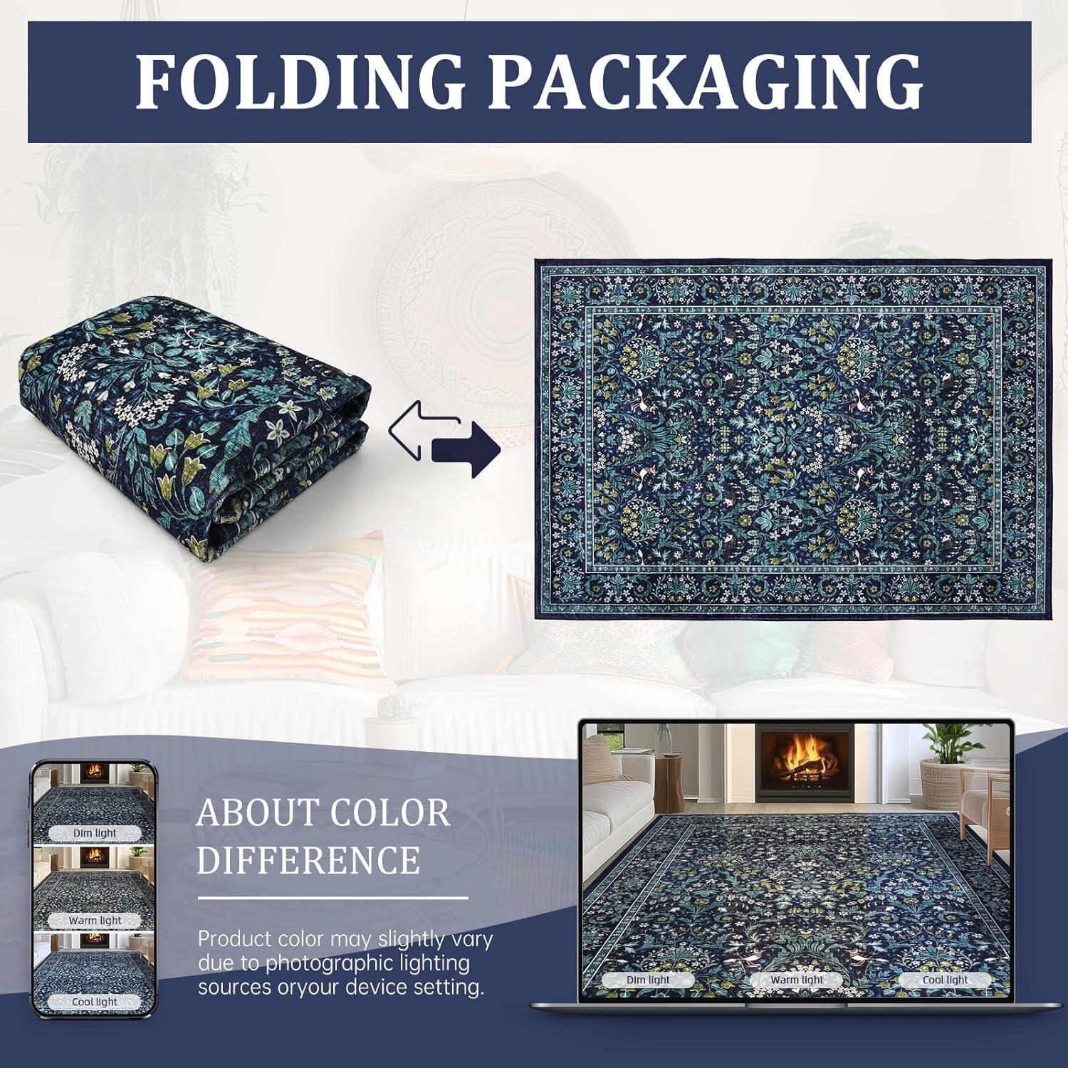 imageGreen Rugs for Living Room 5x7 Floral Washable Stain Resistant Non Slip Low Pile Carpet for Bedroom Dining Room04blue