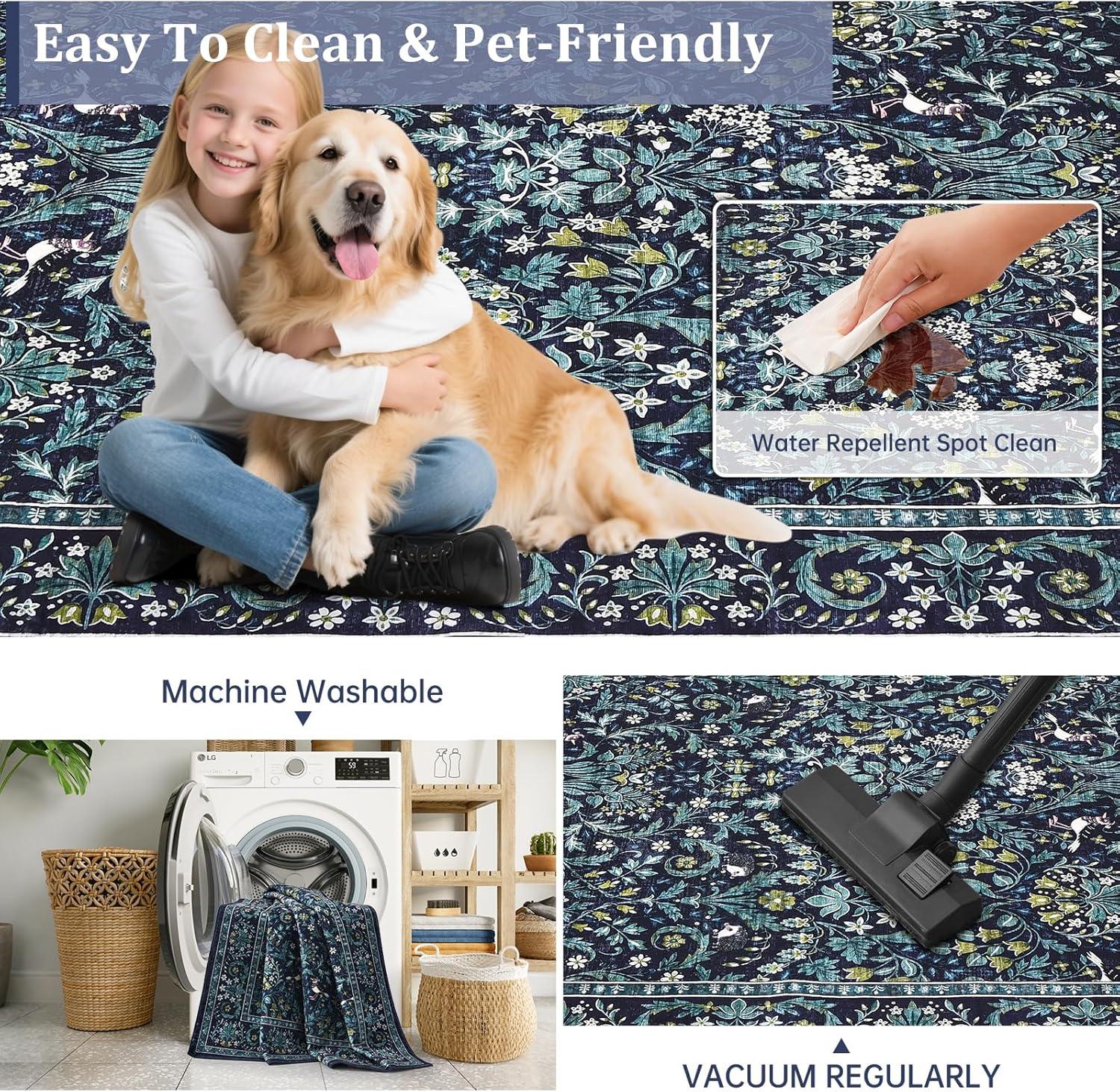 imageGreen Rugs for Living Room 5x7 Floral Washable Stain Resistant Non Slip Low Pile Carpet for Bedroom Dining Room04blue