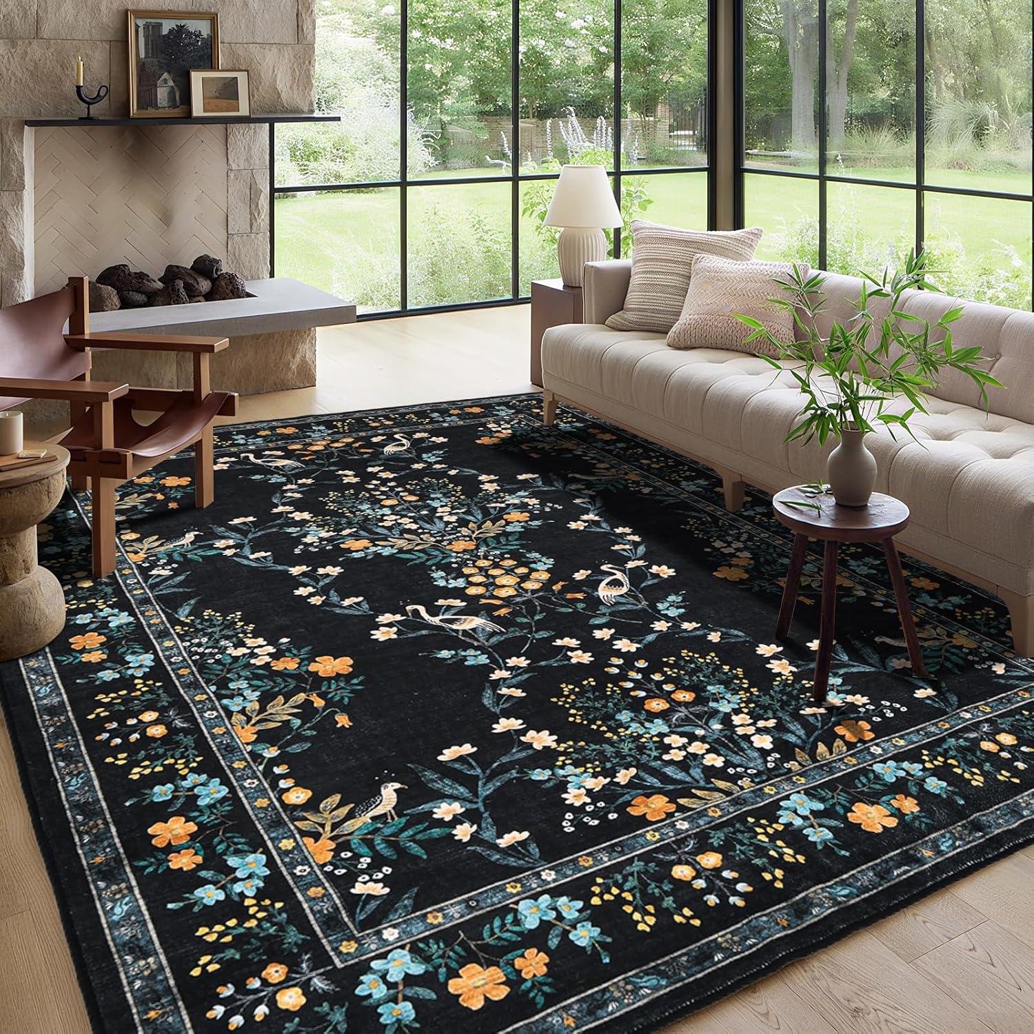 imageGreen Rugs for Living Room 5x7 Floral Washable Stain Resistant Non Slip Low Pile Carpet for Bedroom Dining Room05black