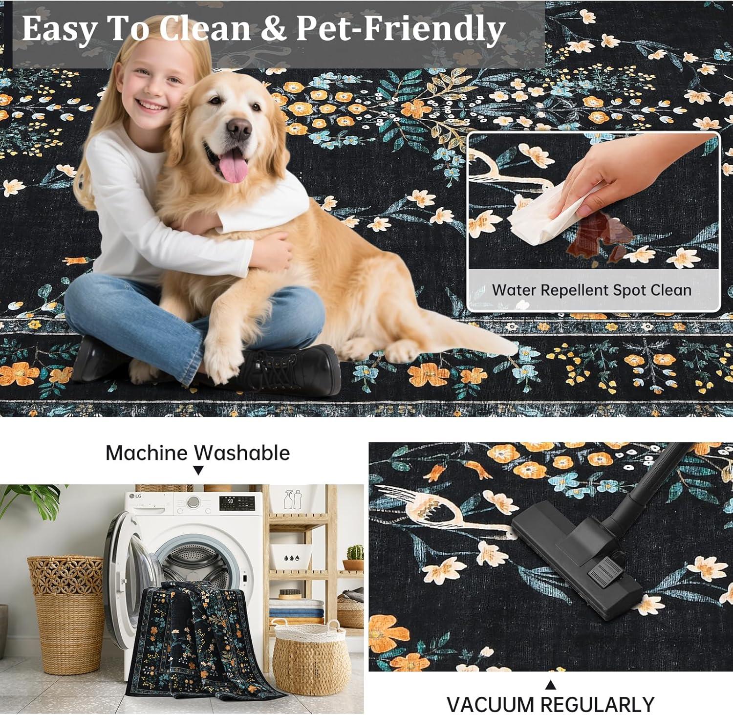 imageGreen Rugs for Living Room 5x7 Floral Washable Stain Resistant Non Slip Low Pile Carpet for Bedroom Dining Room05black