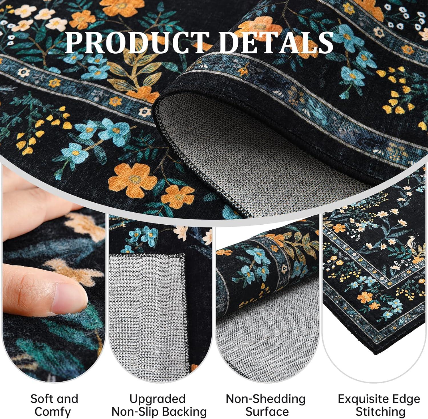 imageGreen Rugs for Living Room 5x7 Floral Washable Stain Resistant Non Slip Low Pile Carpet for Bedroom Dining Room05black