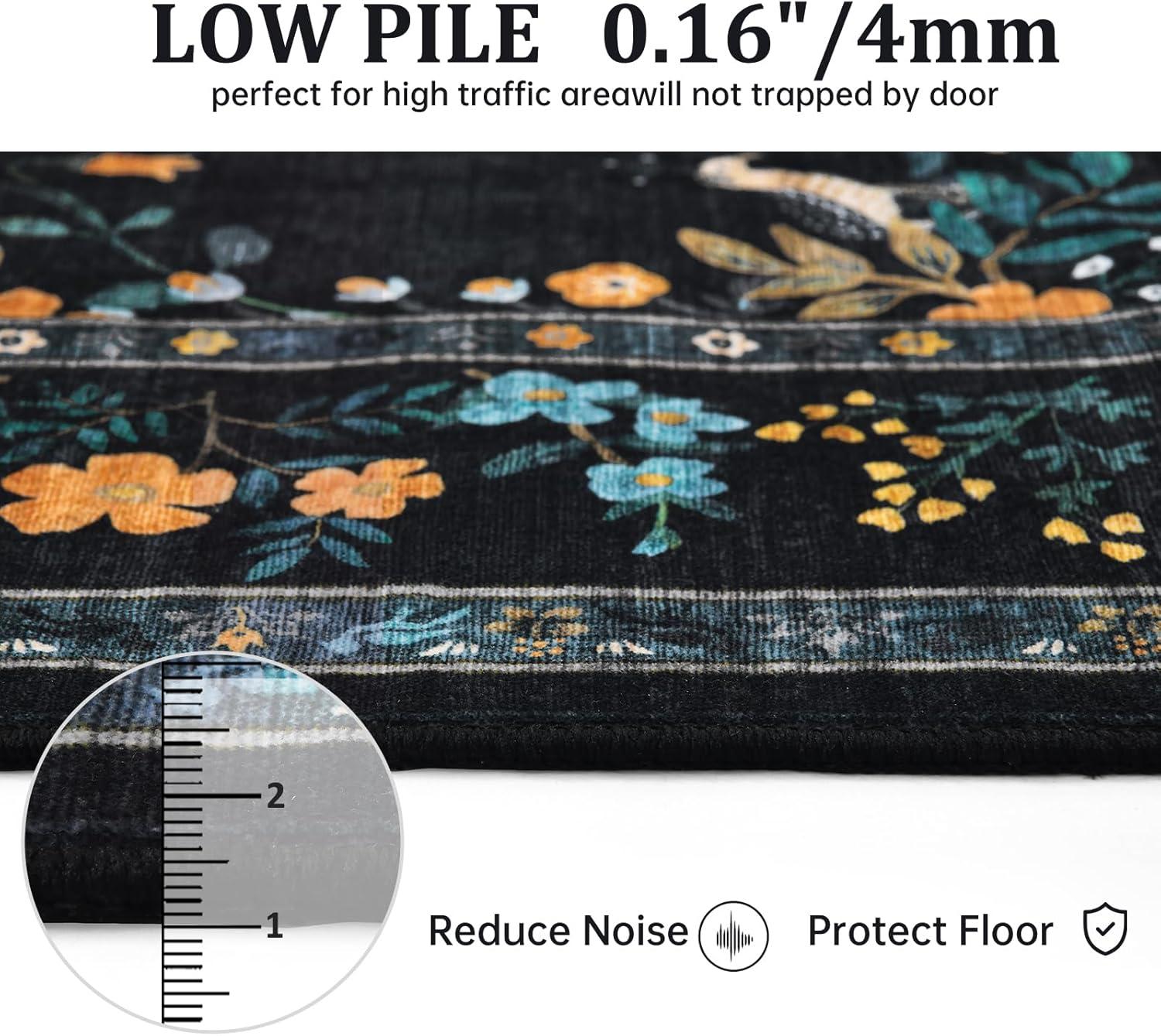 imageGreen Rugs for Living Room 5x7 Floral Washable Stain Resistant Non Slip Low Pile Carpet for Bedroom Dining Room05black