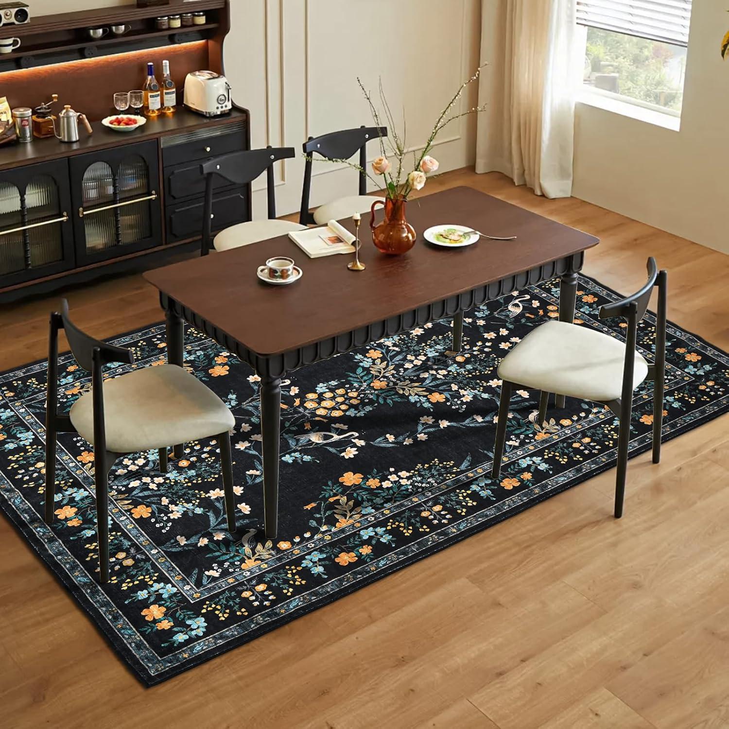 imageGreen Rugs for Living Room 5x7 Floral Washable Stain Resistant Non Slip Low Pile Carpet for Bedroom Dining Room05black