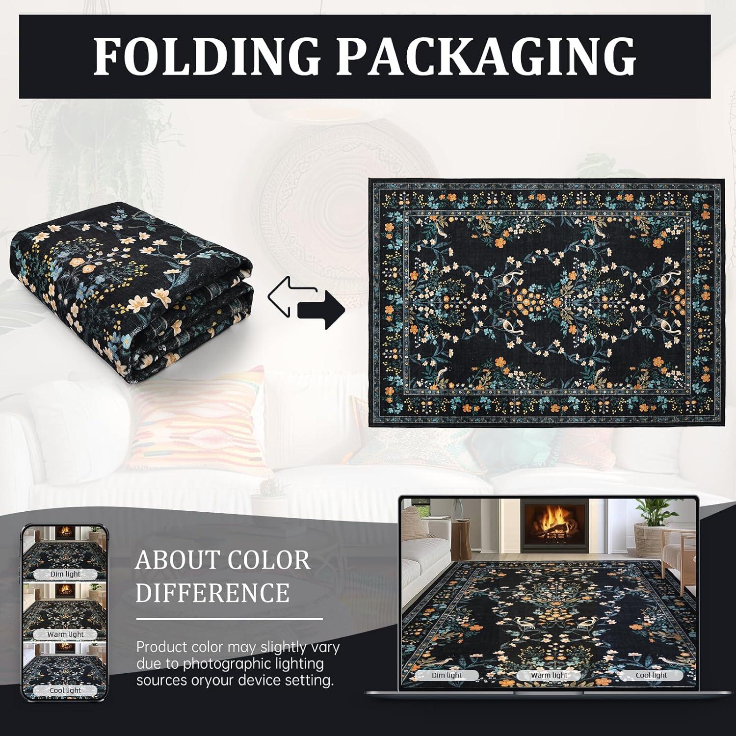 imageGreen Rugs for Living Room 5x7 Floral Washable Stain Resistant Non Slip Low Pile Carpet for Bedroom Dining Room05black