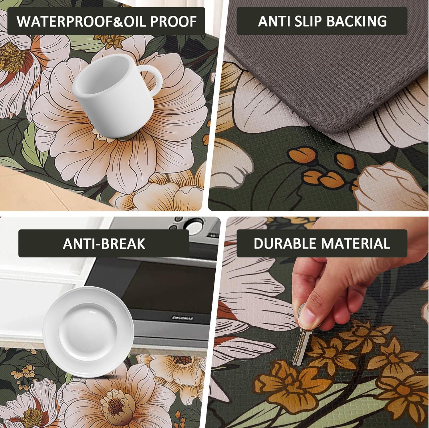 imageRugs for Kitchen Floor 2PC Waterproof Non Slip Anti Fatigue Mushrooms Butterfly Farmhouse Padded Kitchen Mats Beige 17quotx30quot17quotx48quot04green