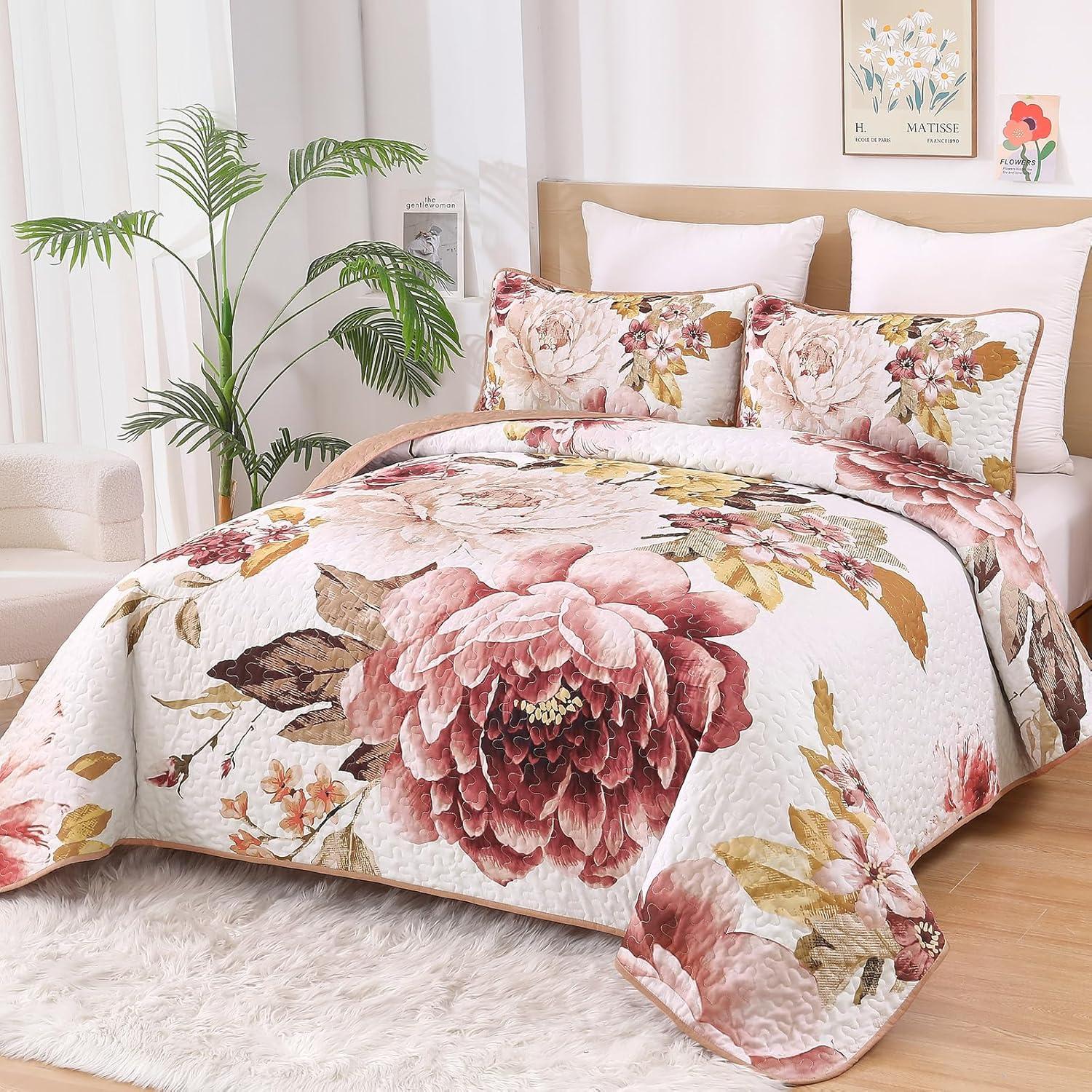 imageWONGS BEDDING Floral Quilt Set Blue Queen Size 3 Pieces Elegant Botanical Print Bedding Set for All Season Lightweight Reversible Bedspreads Coverlet Set with 2 Pillow ShamsBlush