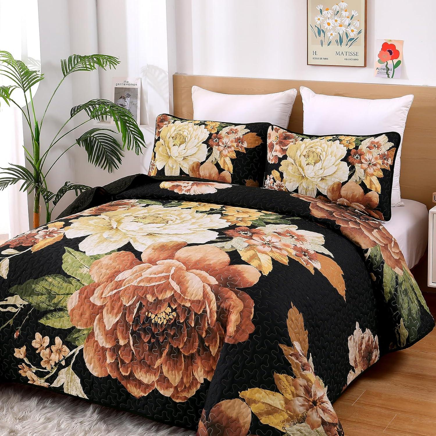 imageWONGS BEDDING Floral Quilt Set Blue Queen Size 3 Pieces Elegant Botanical Print Bedding Set for All Season Lightweight Reversible Bedspreads Coverlet Set with 2 Pillow ShamsBlack Boho
