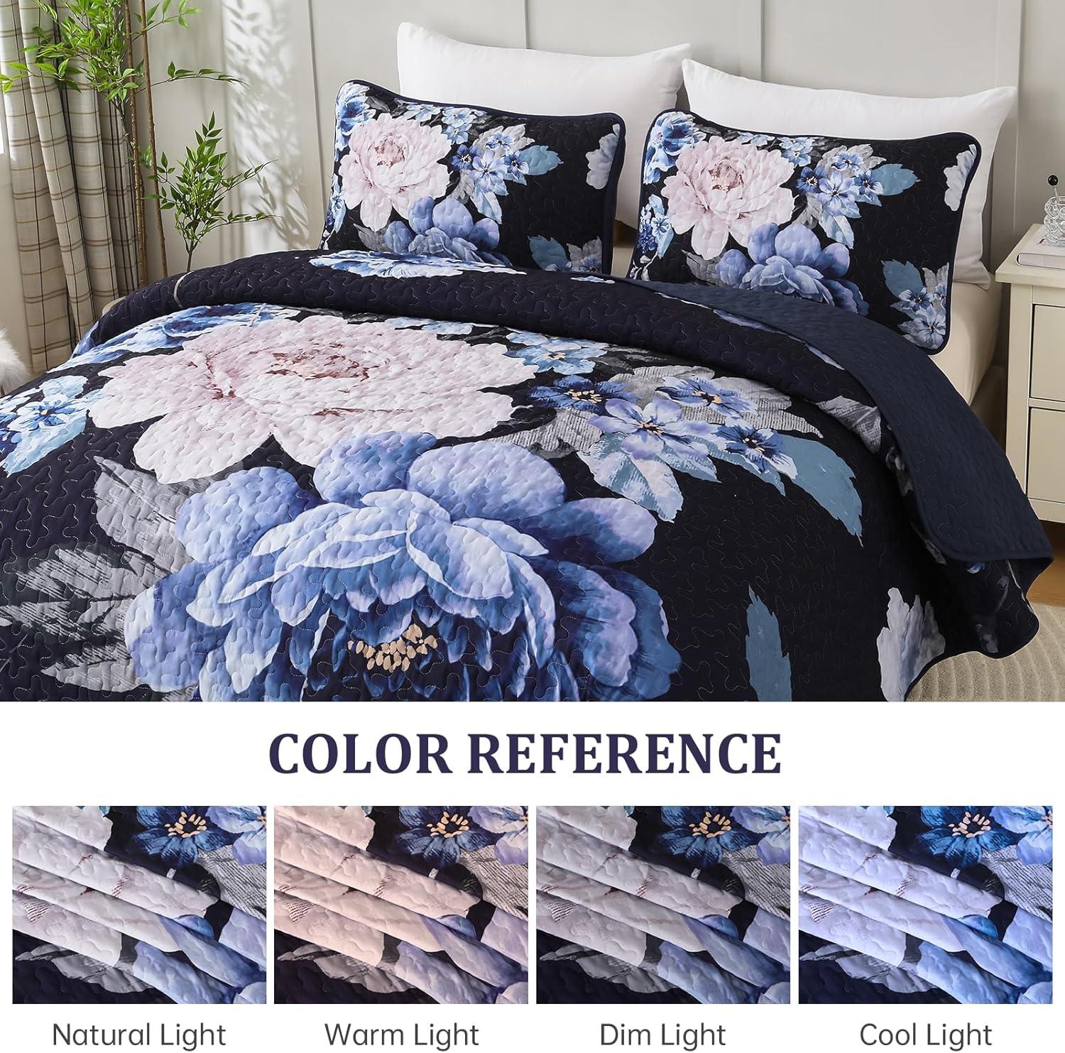 imageWONGS BEDDING Floral Quilt Set Blue Queen Size 3 Pieces Elegant Botanical Print Bedding Set for All Season Lightweight Reversible Bedspreads Coverlet Set with 2 Pillow ShamsNavy