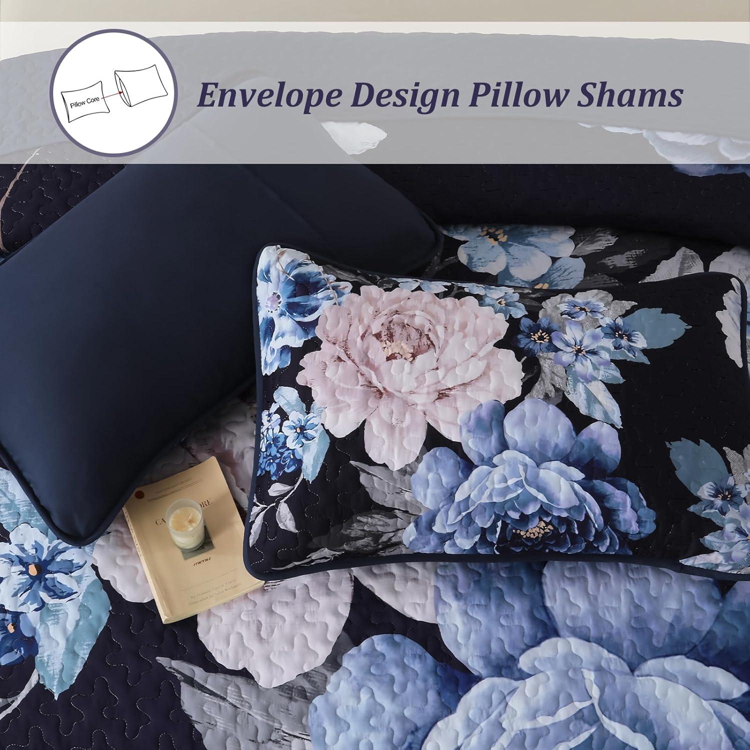 imageWONGS BEDDING Floral Quilt Set Blue Queen Size 3 Pieces Elegant Botanical Print Bedding Set for All Season Lightweight Reversible Bedspreads Coverlet Set with 2 Pillow ShamsNavy