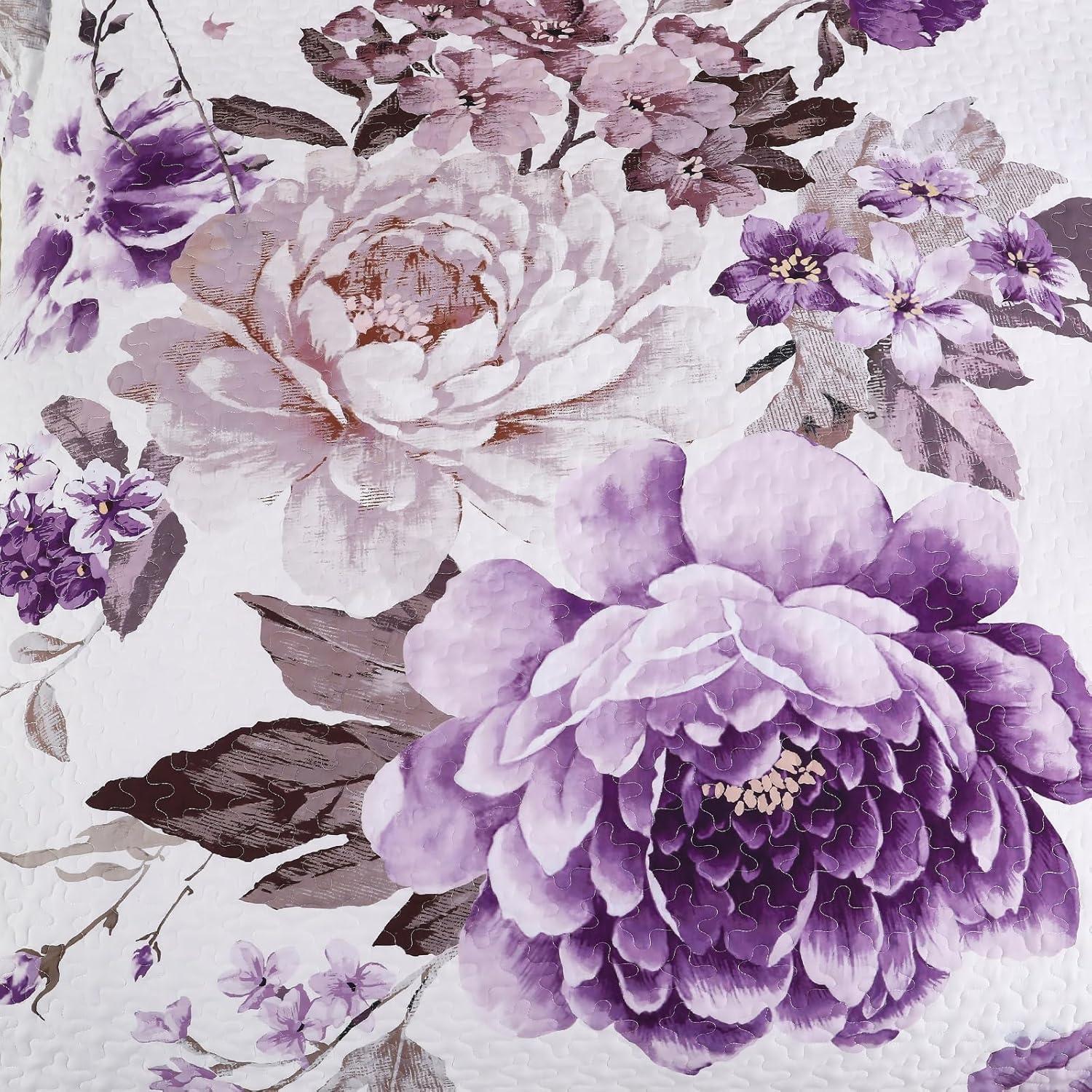 imageWONGS BEDDING Floral Quilt Set Blue Queen Size 3 Pieces Elegant Botanical Print Bedding Set for All Season Lightweight Reversible Bedspreads Coverlet Set with 2 Pillow ShamsPurple