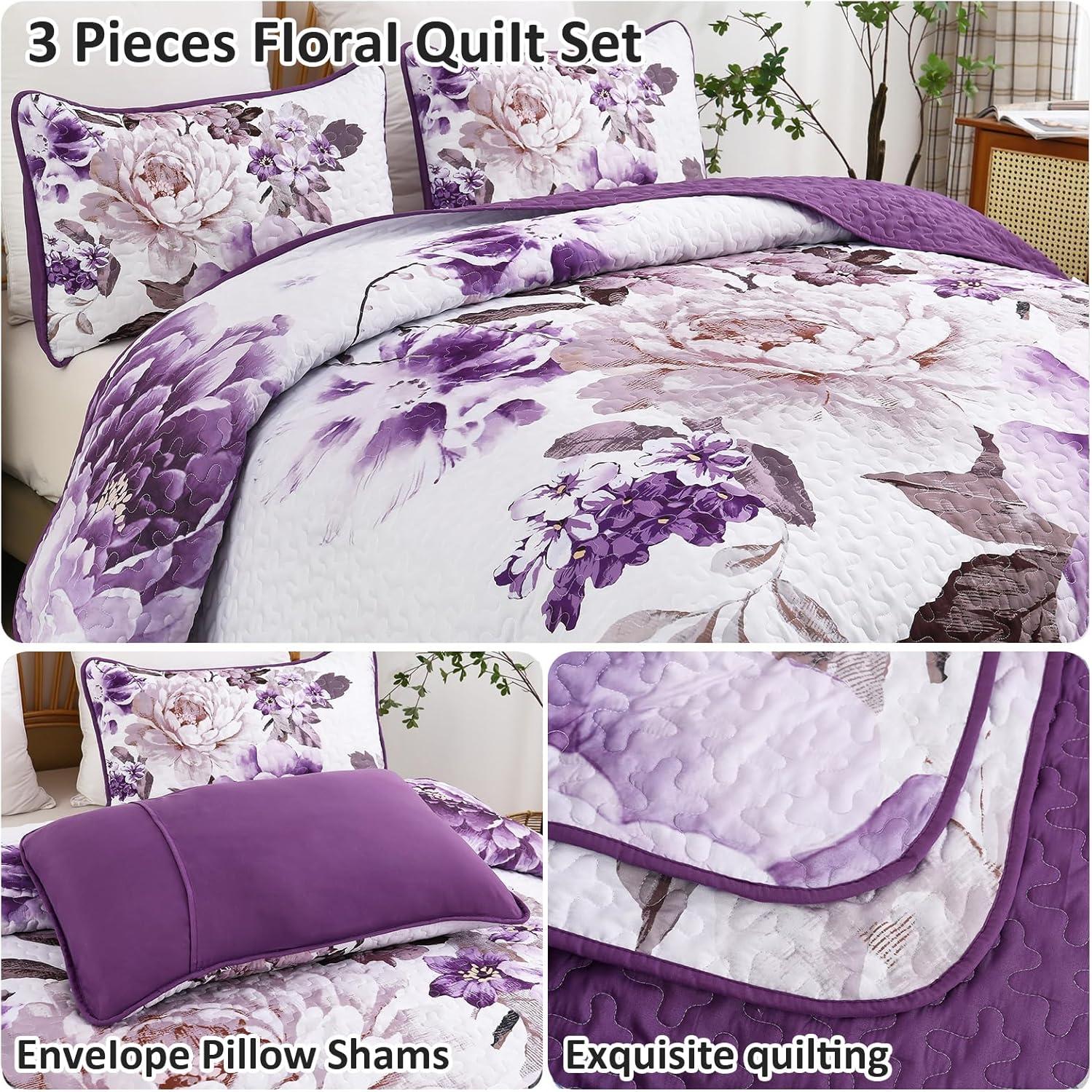 imageWONGS BEDDING Floral Quilt Set Blue Queen Size 3 Pieces Elegant Botanical Print Bedding Set for All Season Lightweight Reversible Bedspreads Coverlet Set with 2 Pillow ShamsPurple