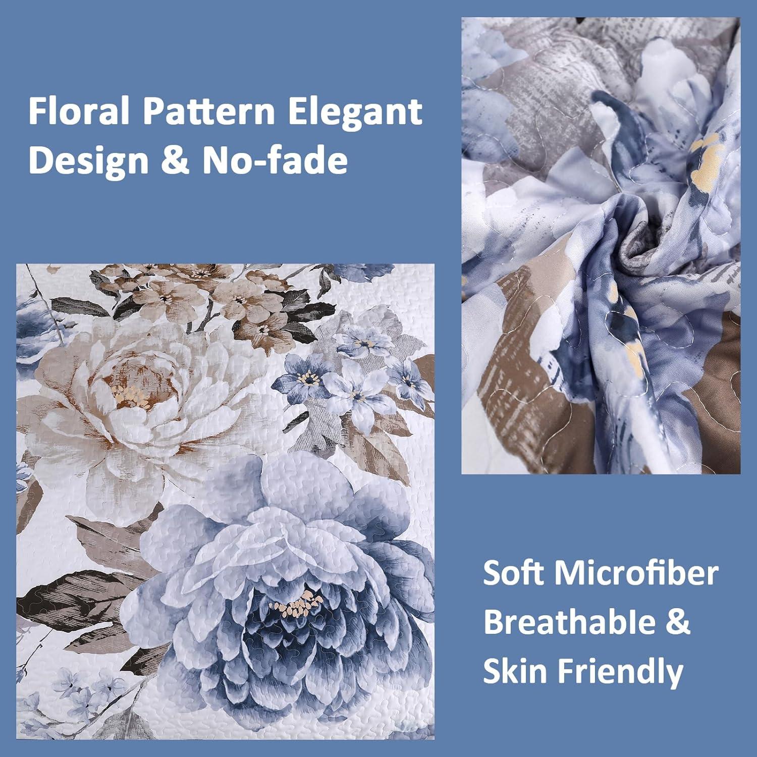 imageWONGS BEDDING Floral Quilt Set Blue Queen Size 3 Pieces Elegant Botanical Print Bedding Set for All Season Lightweight Reversible Bedspreads Coverlet Set with 2 Pillow ShamsBlue
