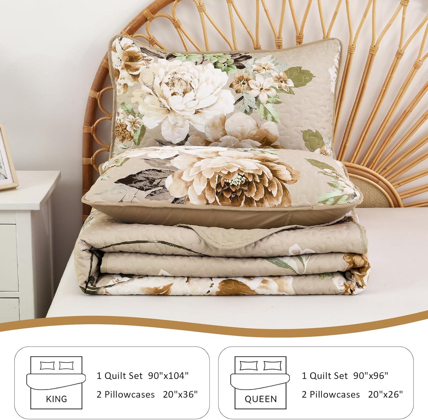 imageWONGS BEDDING Floral Quilt Set Blue Queen Size 3 Pieces Elegant Botanical Print Bedding Set for All Season Lightweight Reversible Bedspreads Coverlet Set with 2 Pillow ShamsKhaki