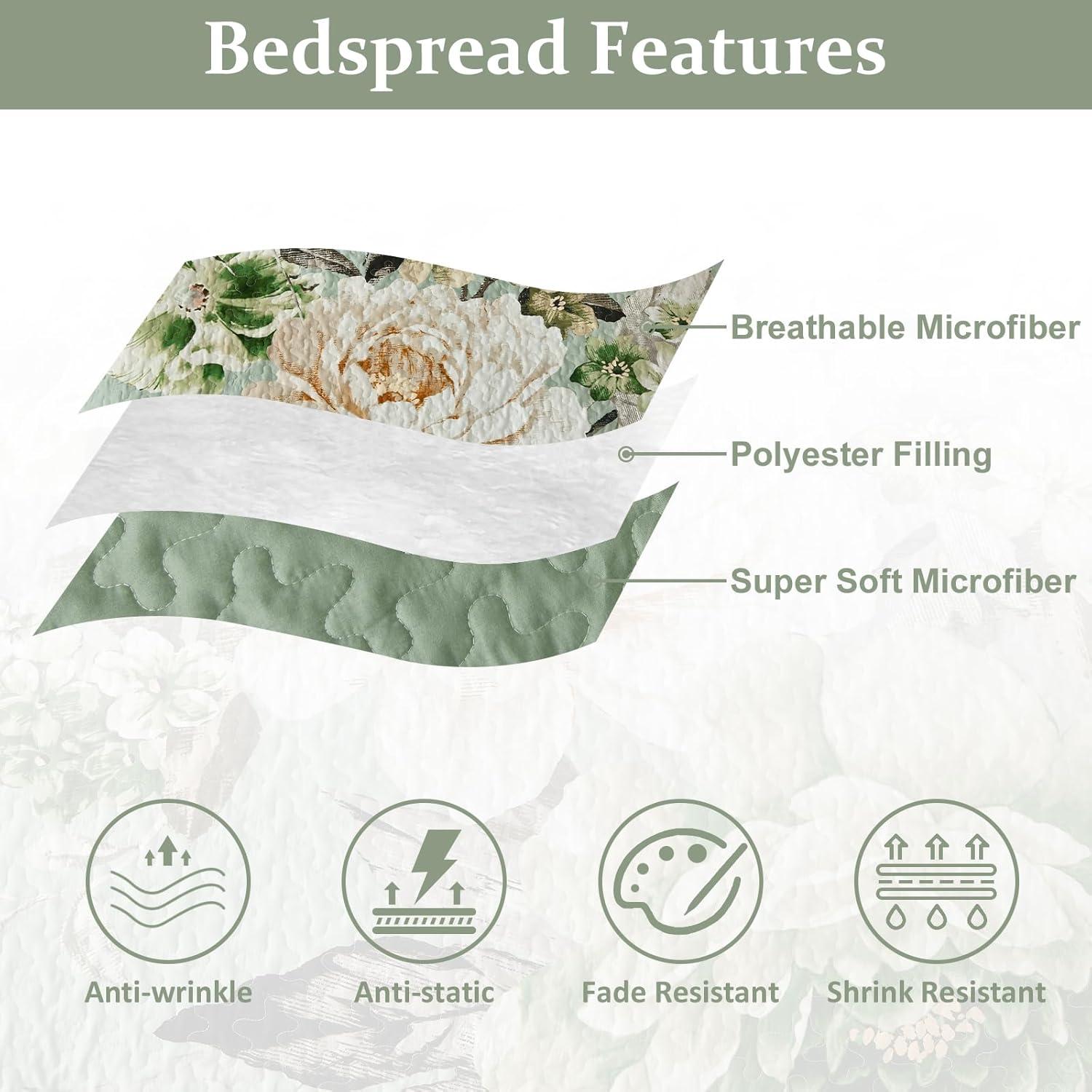 imageWONGS BEDDING Floral Quilt Set Blue Queen Size 3 Pieces Elegant Botanical Print Bedding Set for All Season Lightweight Reversible Bedspreads Coverlet Set with 2 Pillow ShamsSage Green