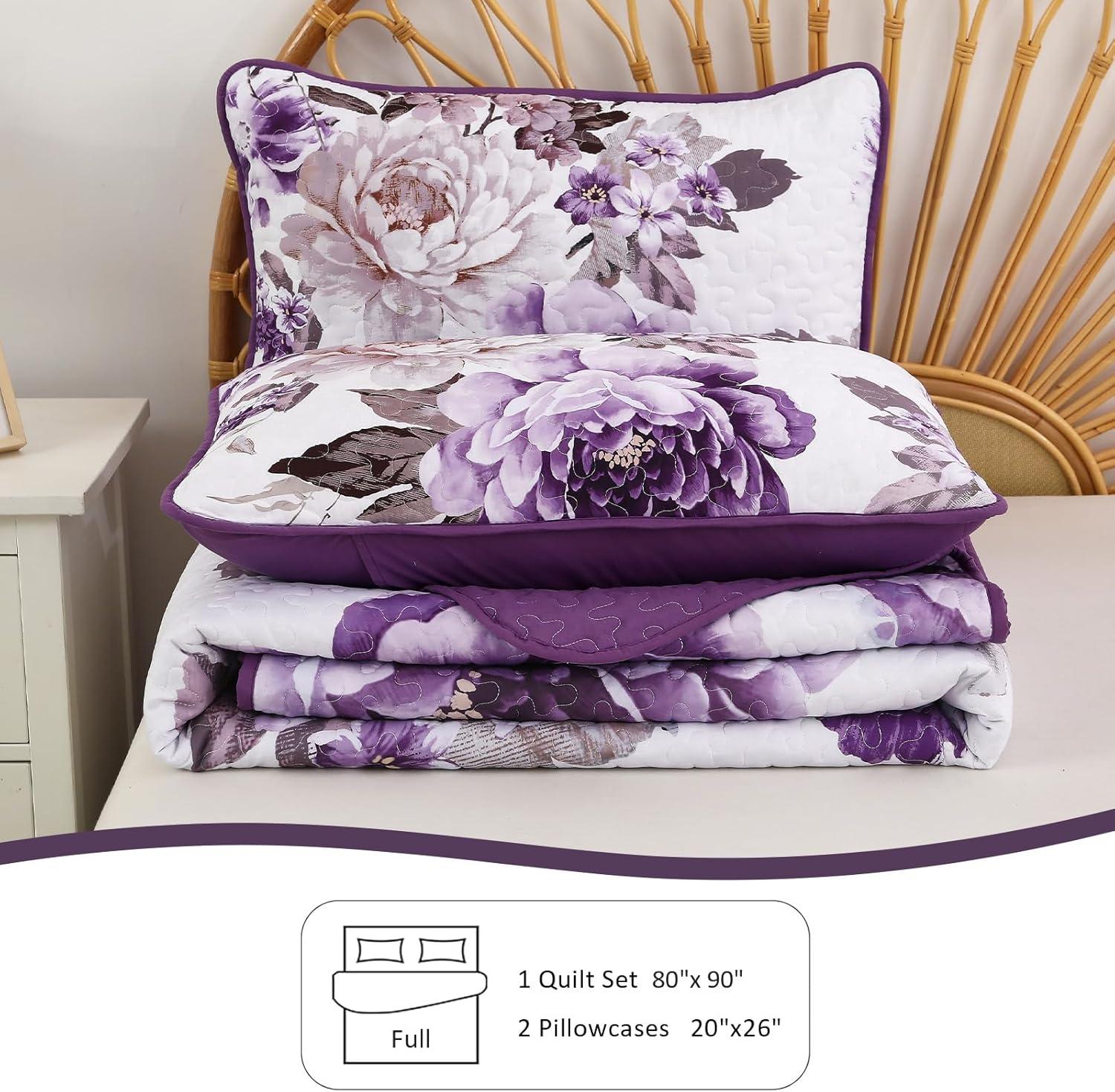 imageWONGS BEDDING Floral Quilt Set Blue Queen Size 3 Pieces Elegant Botanical Print Bedding Set for All Season Lightweight Reversible Bedspreads Coverlet Set with 2 Pillow ShamsPurple