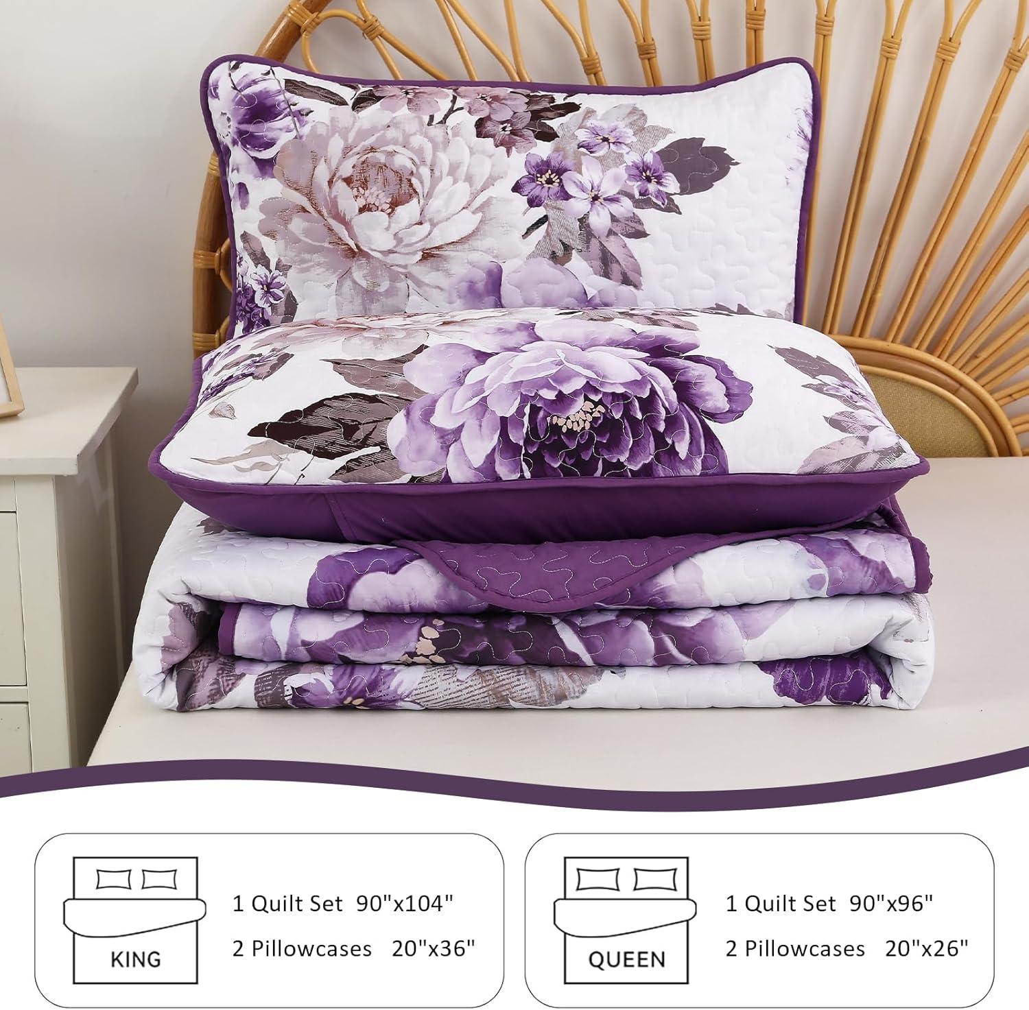 imageWONGS BEDDING Floral Quilt Set Blue Queen Size 3 Pieces Elegant Botanical Print Bedding Set for All Season Lightweight Reversible Bedspreads Coverlet Set with 2 Pillow ShamsPurple